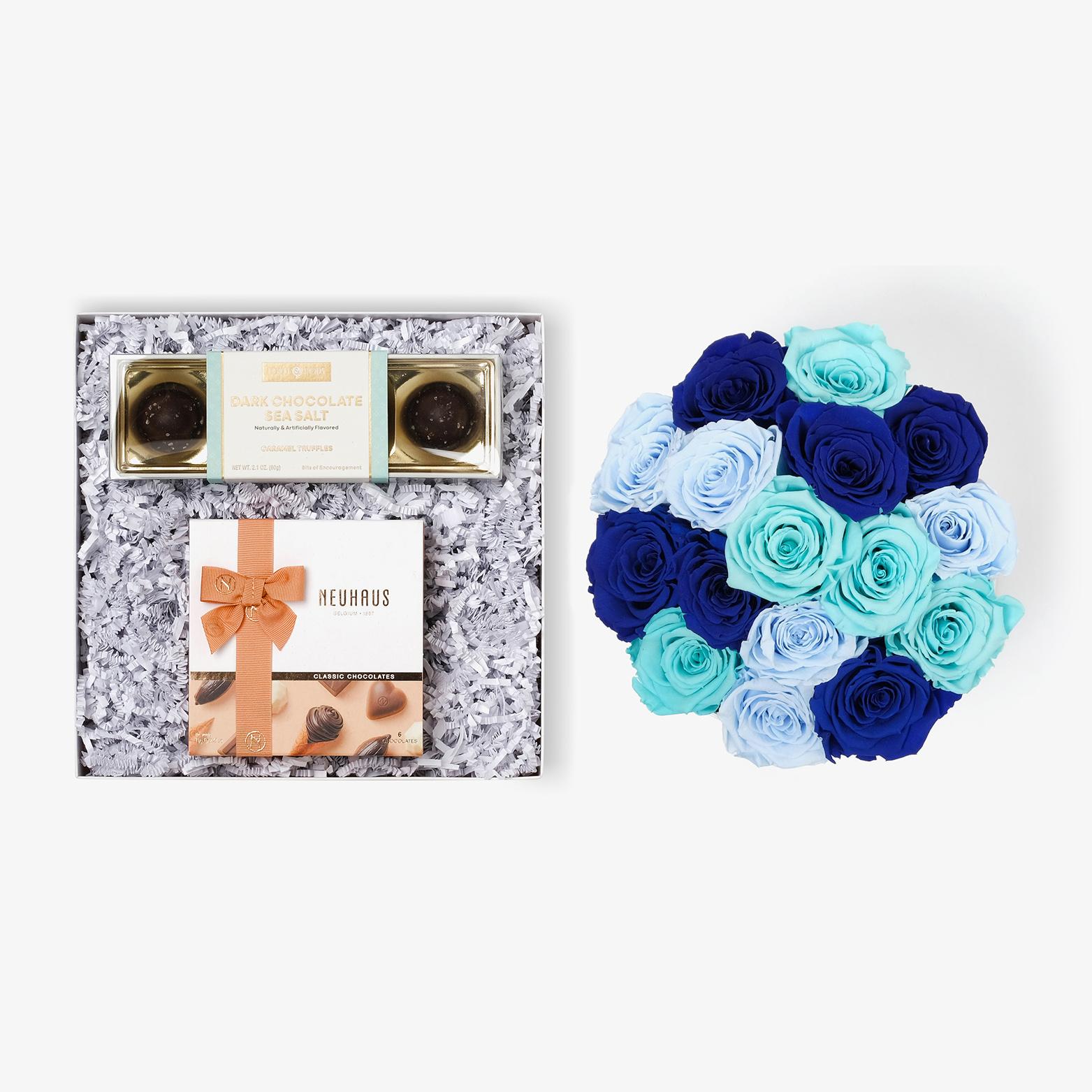 Chocolate Duo Luxe - Large Bloom Box - Blue Ombre Rose - White Box