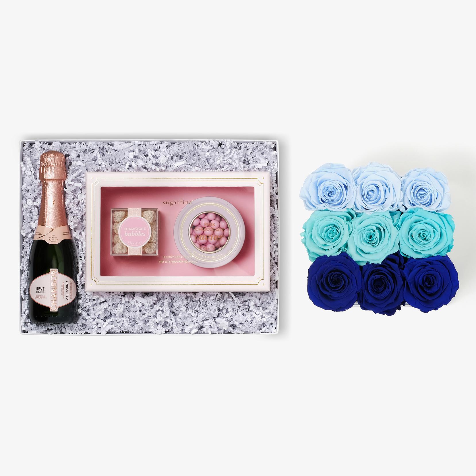 Rosé & Caviar - Medium Square Box - Blue Ombre Rose - Black Box