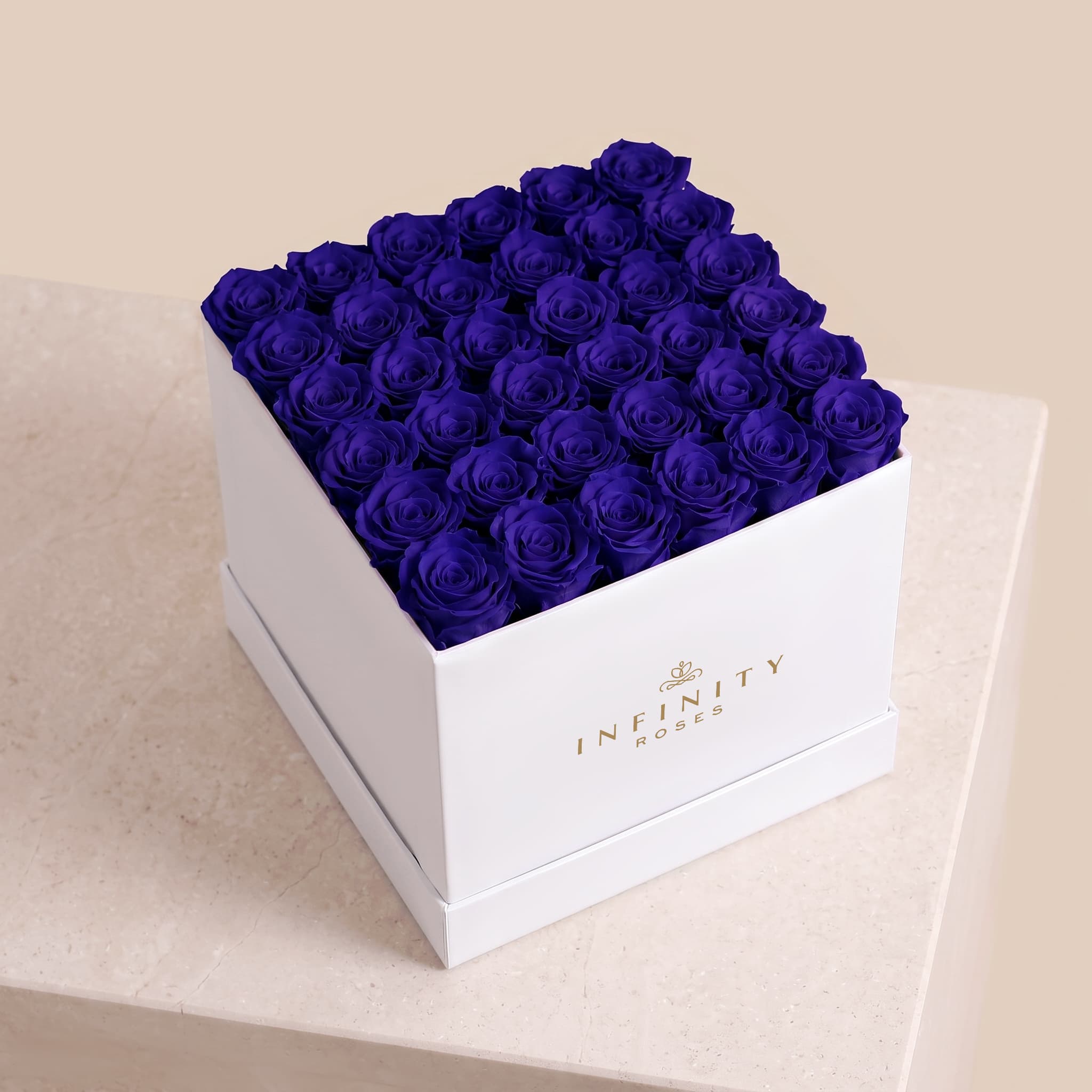Grand Square Rose Box - Royal Blue Rose - White Box