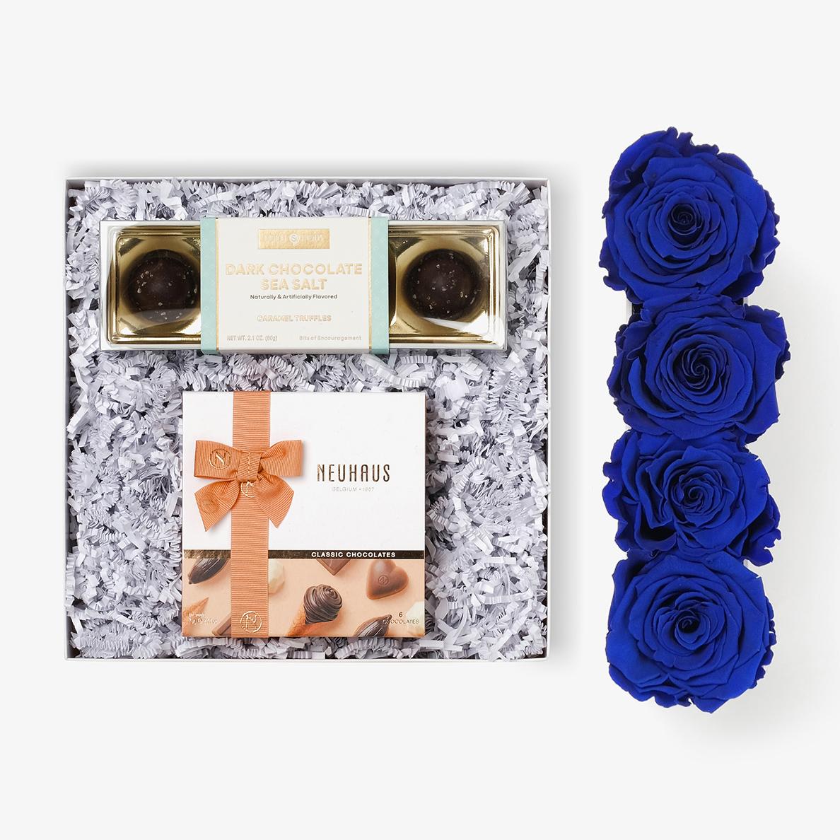 Chocolate Duo Luxe - Small Rose Box - Royal Blue Rose - White Box