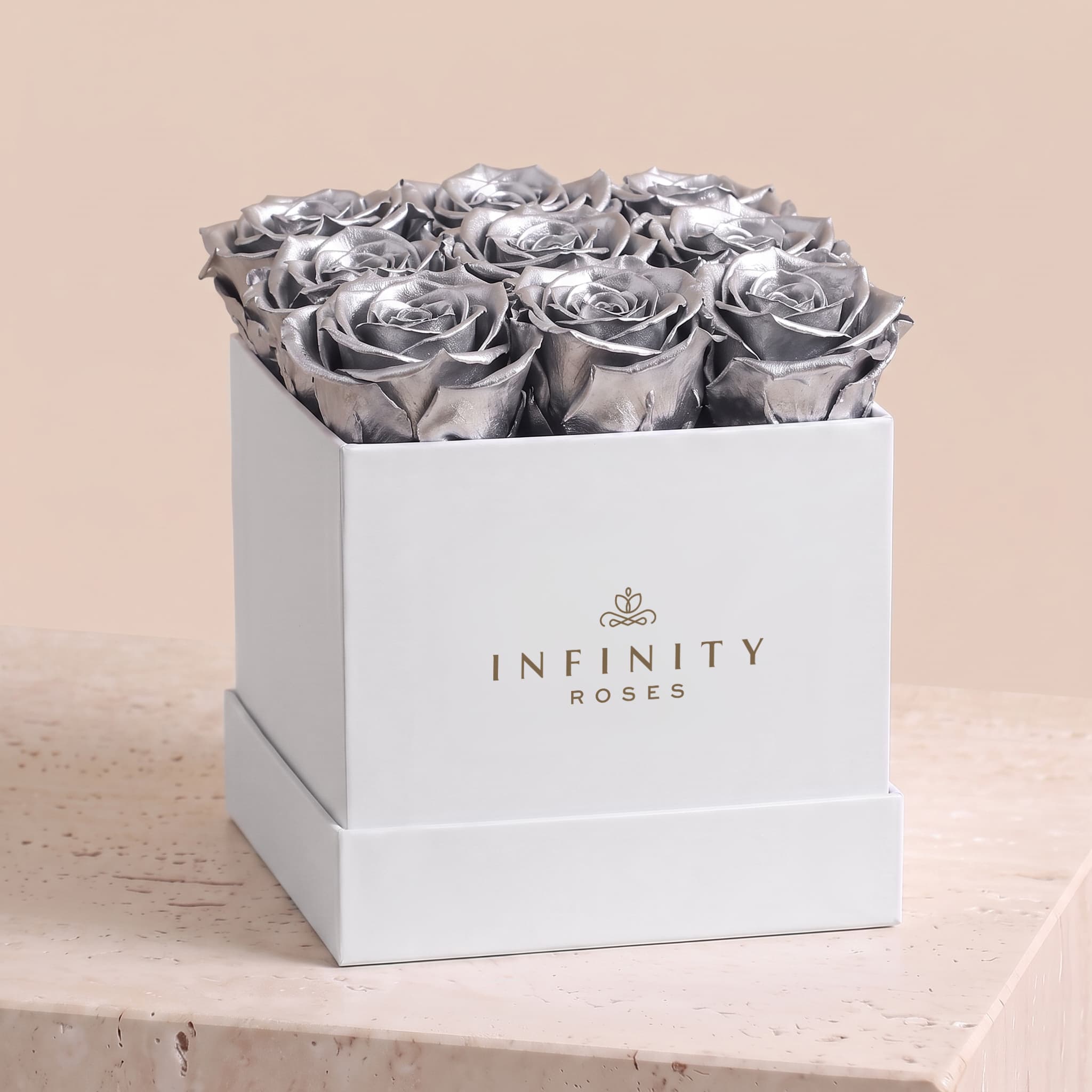 Medium Square Rose Box - Silver Rose - White Box