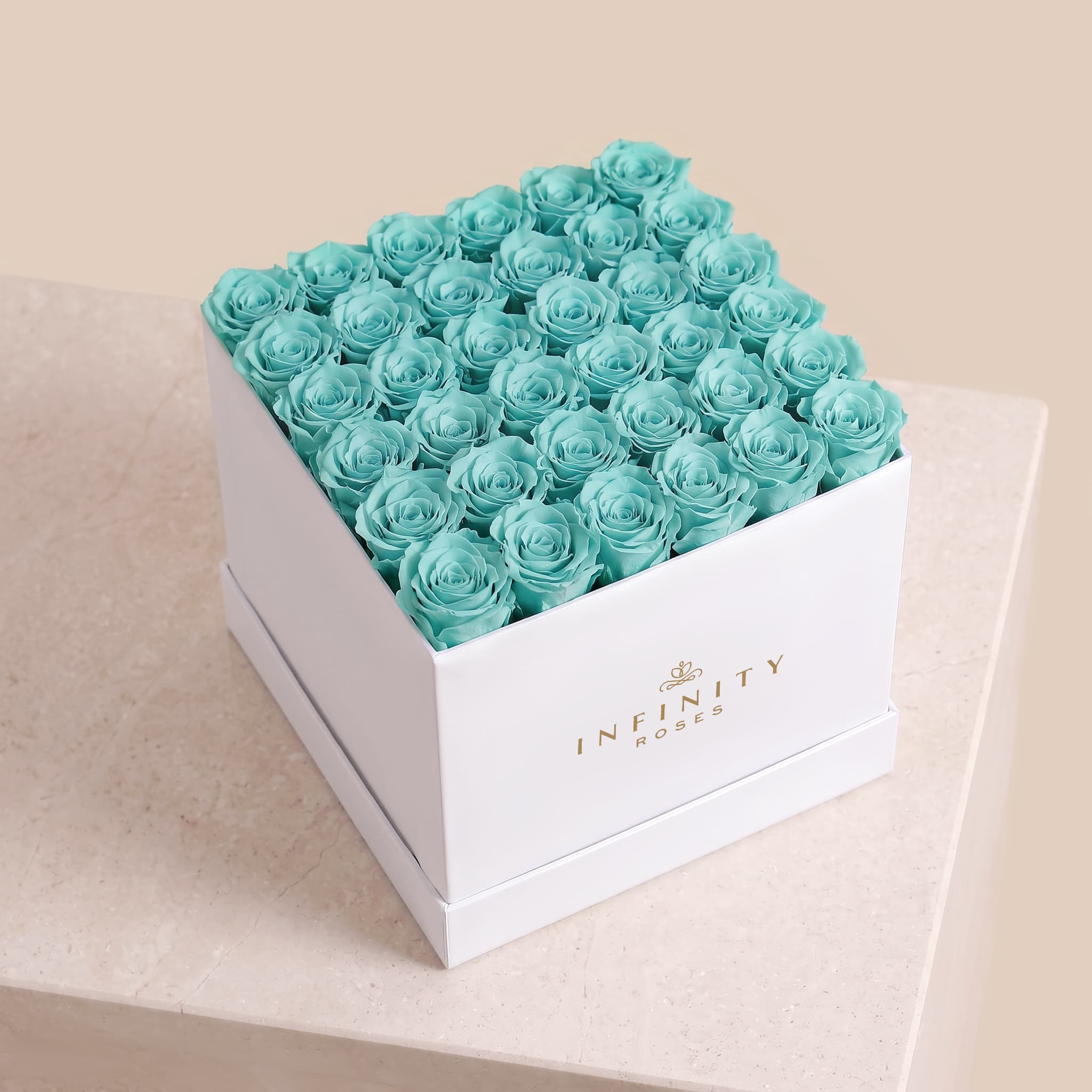 Grand Square Rose Box - Turquoise Rose - White Box