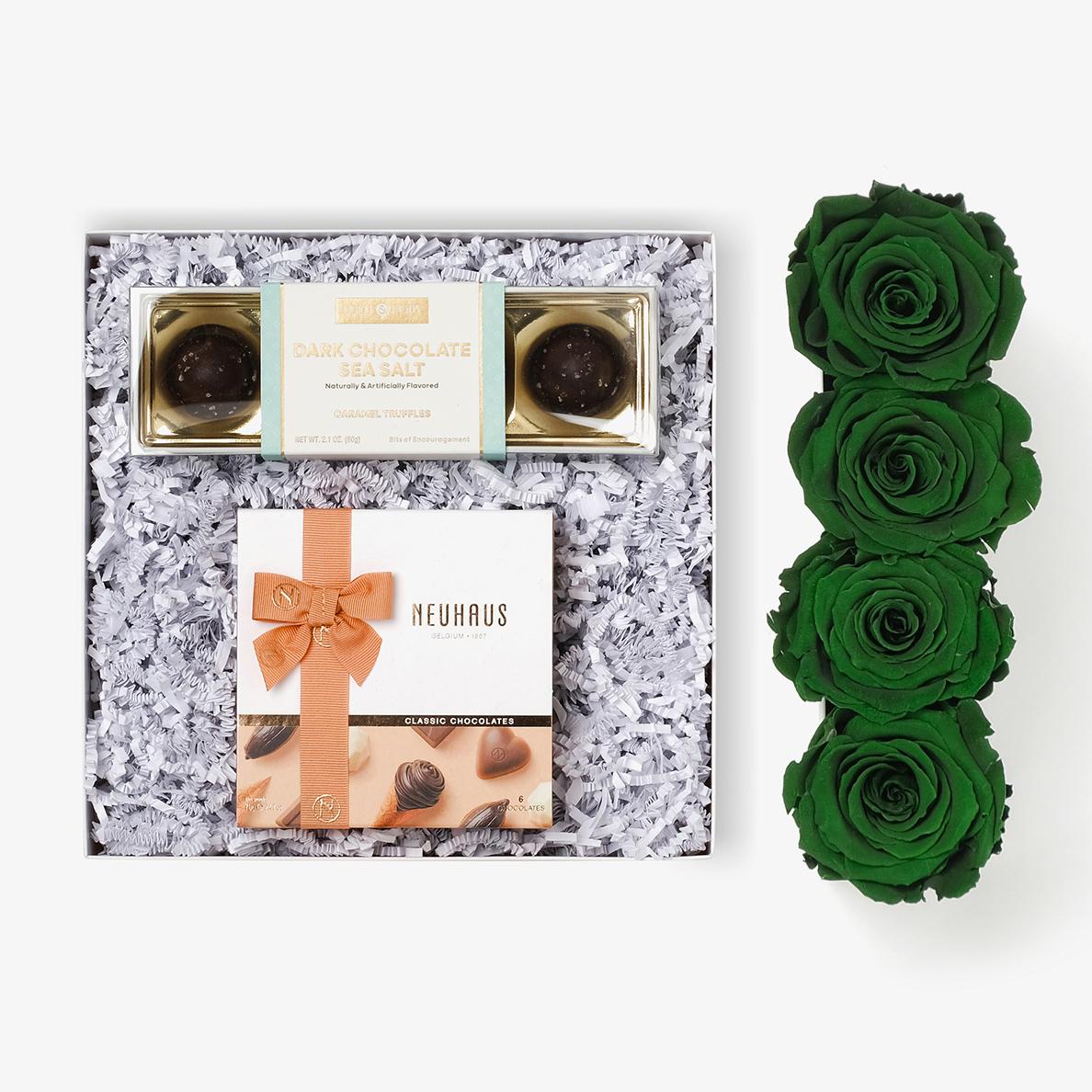 Chocolate Duo Luxe - Small Rose Box - Emerald Green Rose - White Box
