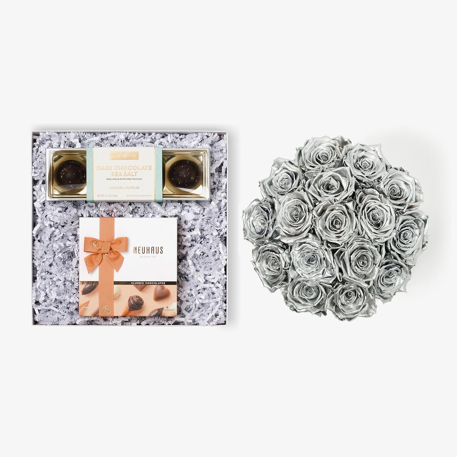 Chocolate Duo Luxe - Large Bloom Box - Silver Rose - White Box