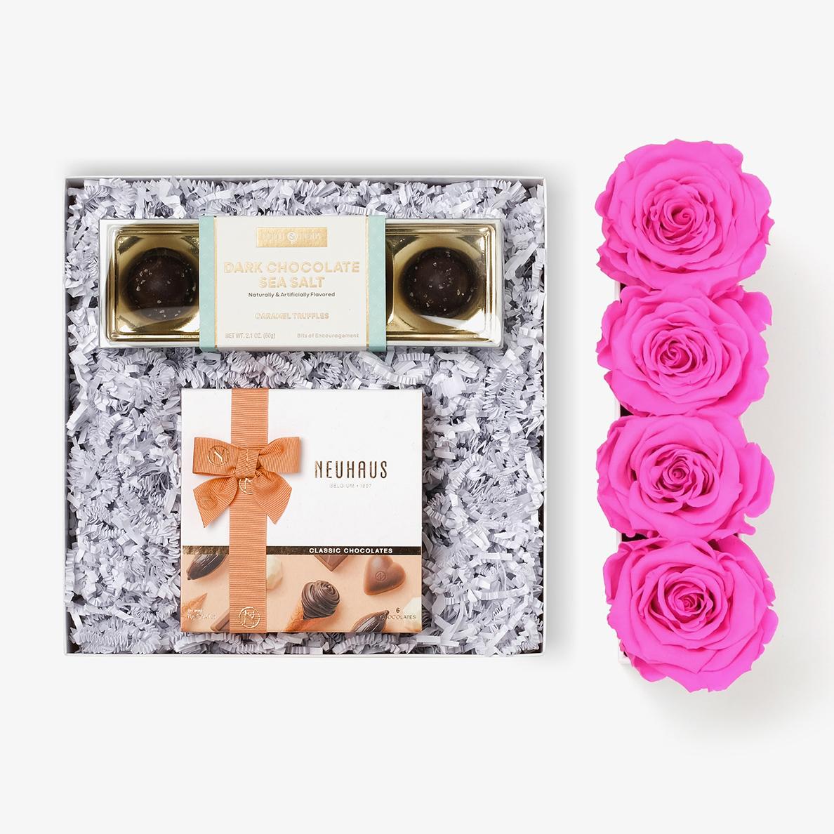 Chocolate Duo Luxe - Small Rose Box - Hot Pink Rose - White Box