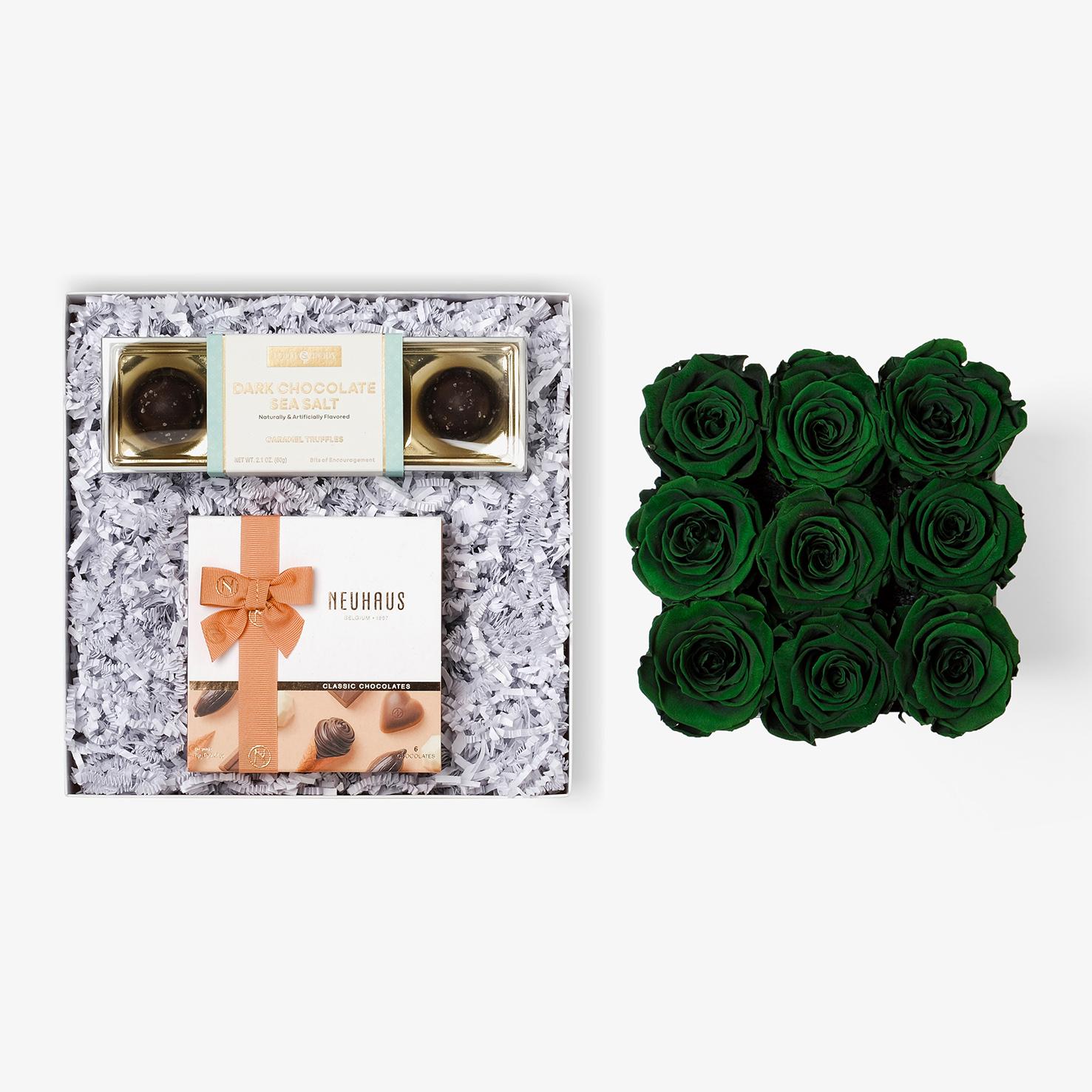 Chocolate Duo Luxe - Medium Square Box - Emerald Green Rose - Black Box