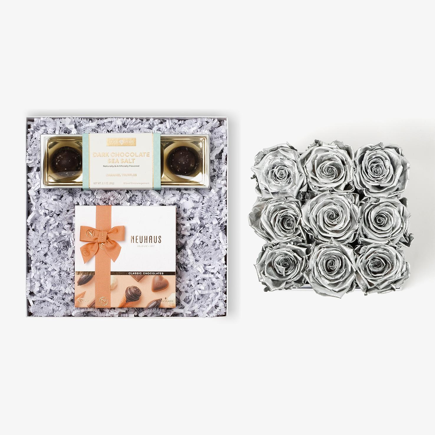 Chocolate Duo Luxe - Medium Square Box - Silver Rose - White Box