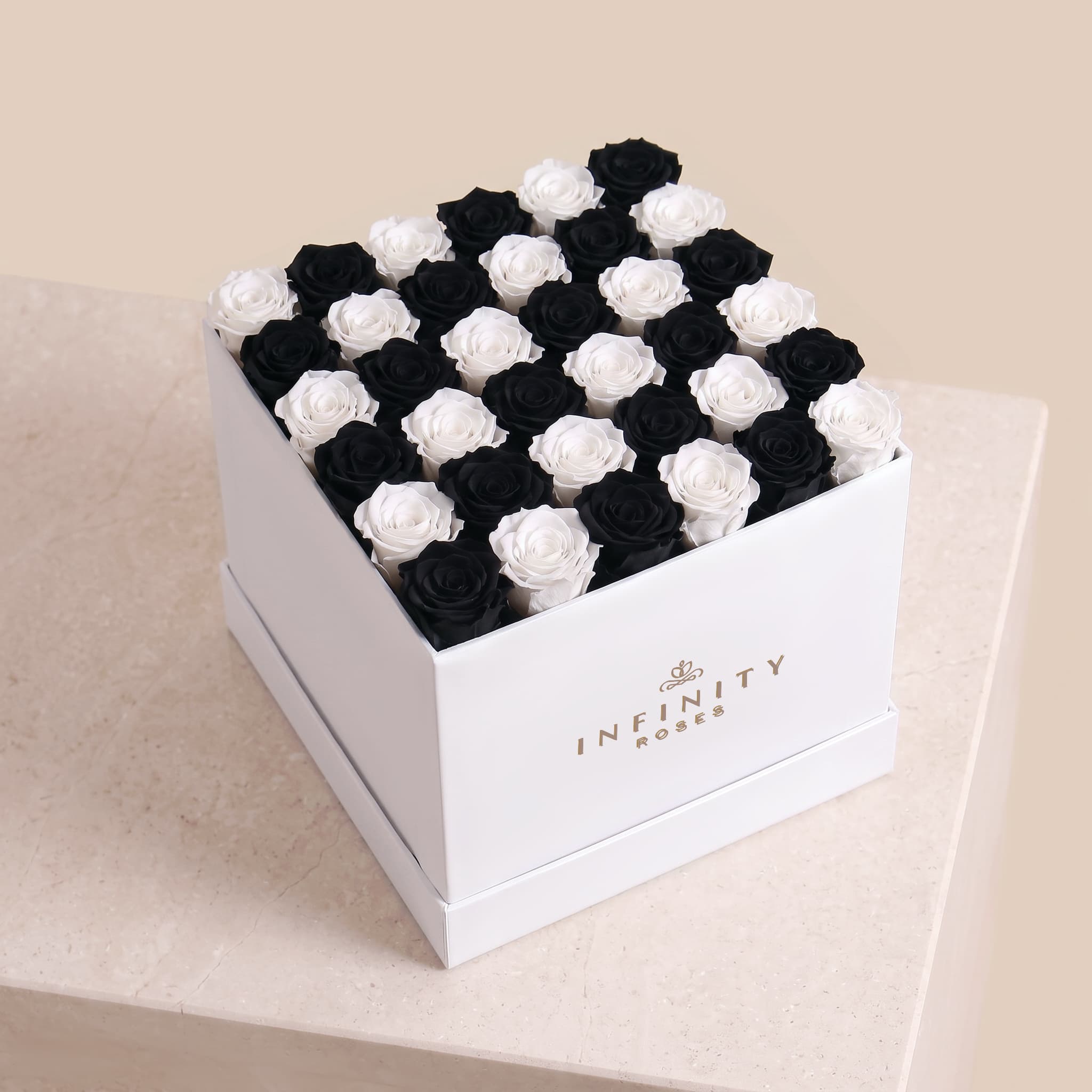 Grand Square Rose Box - Tuxedo Rose - White Box