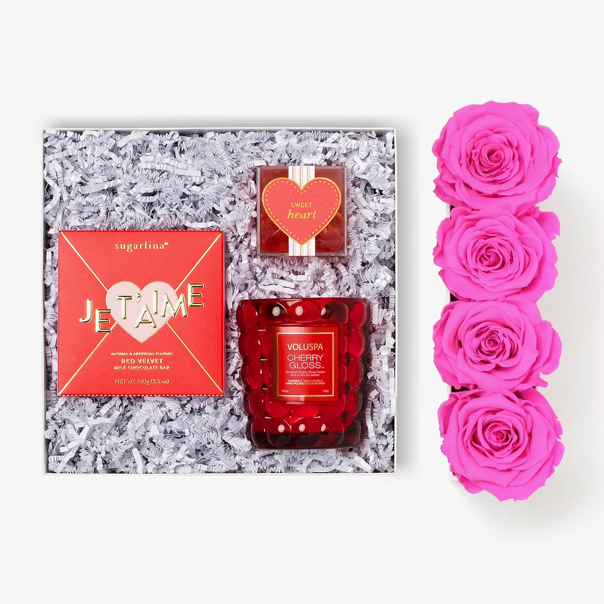 Candle & Treats - Small Rose Box - Hot Pink Rose - Black Box