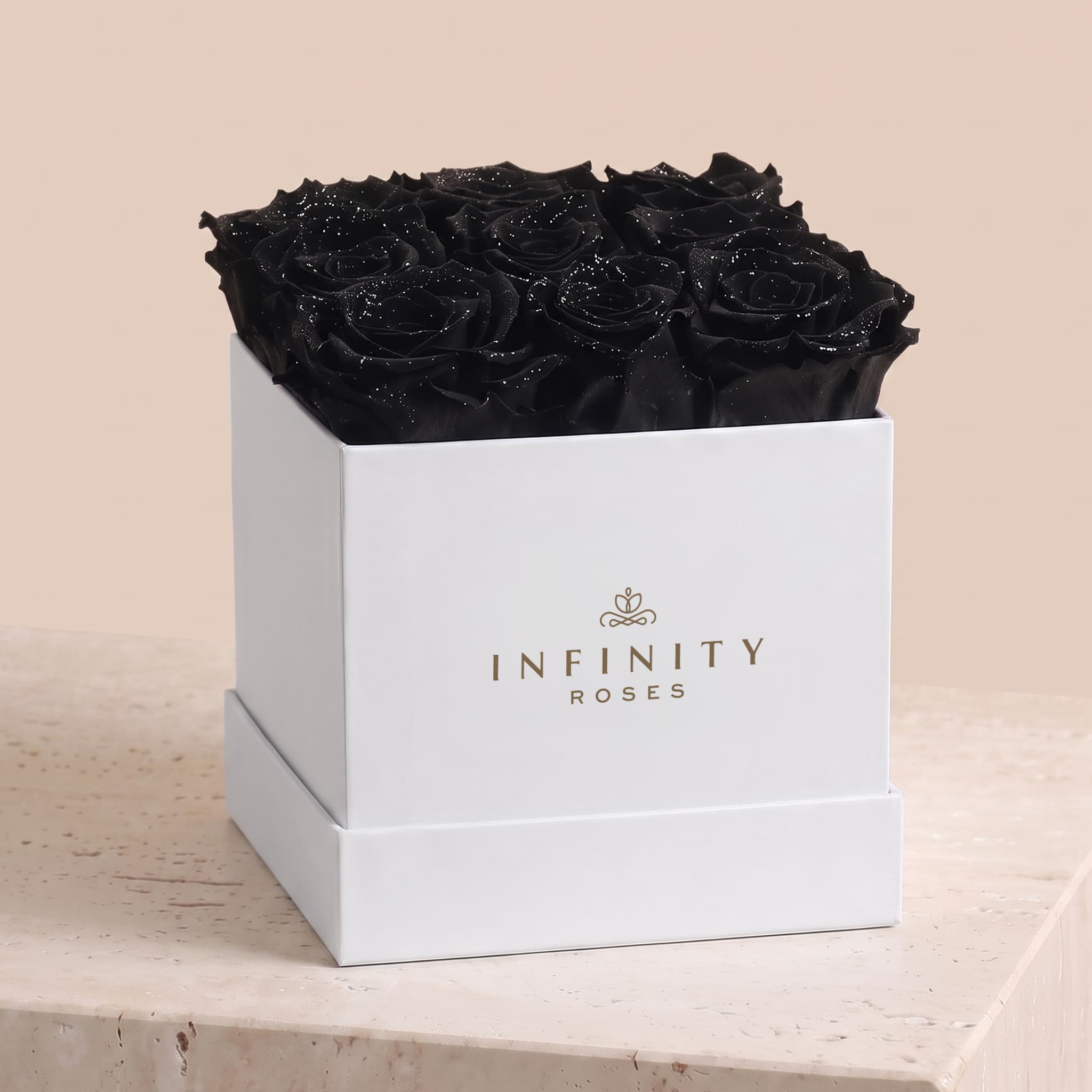 Medium Square Rose Box - Black Galaxy Rose - White Box