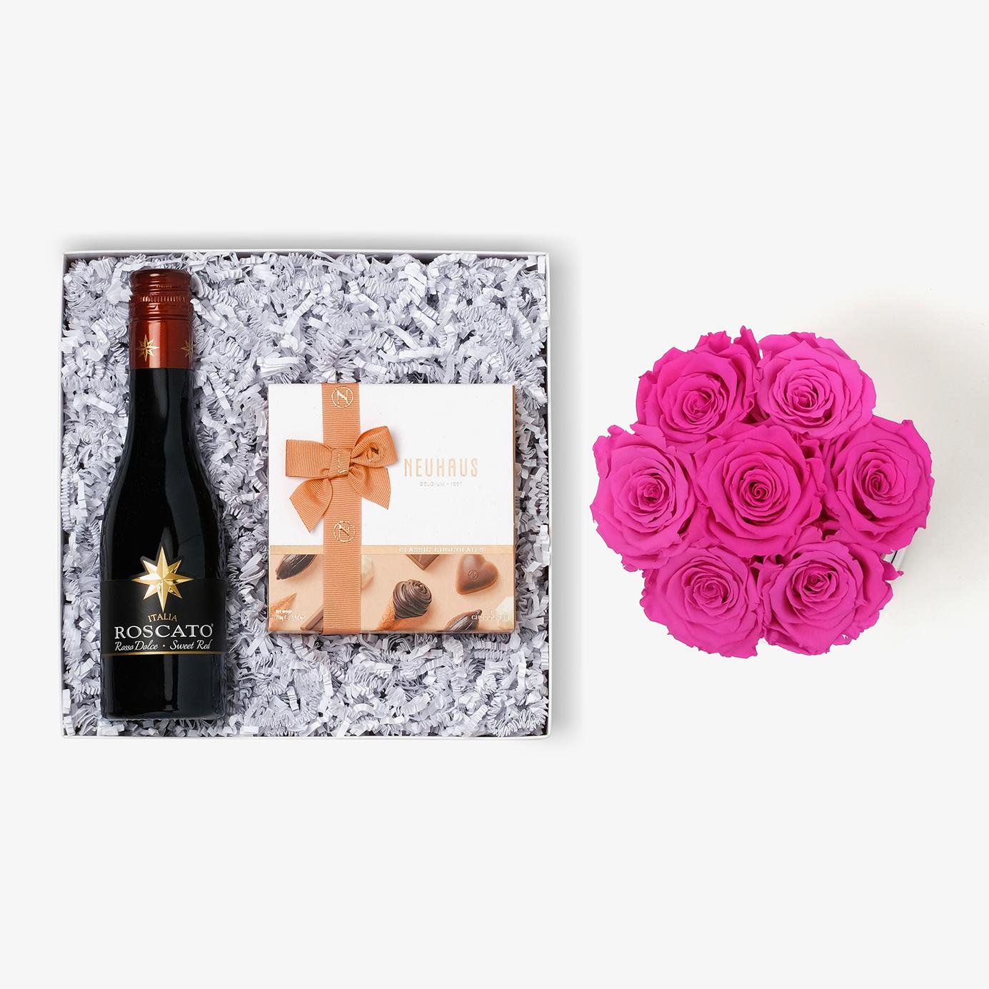 Wine & Truffles - Medium Bloom Box - Hot Pink Rose - White Box