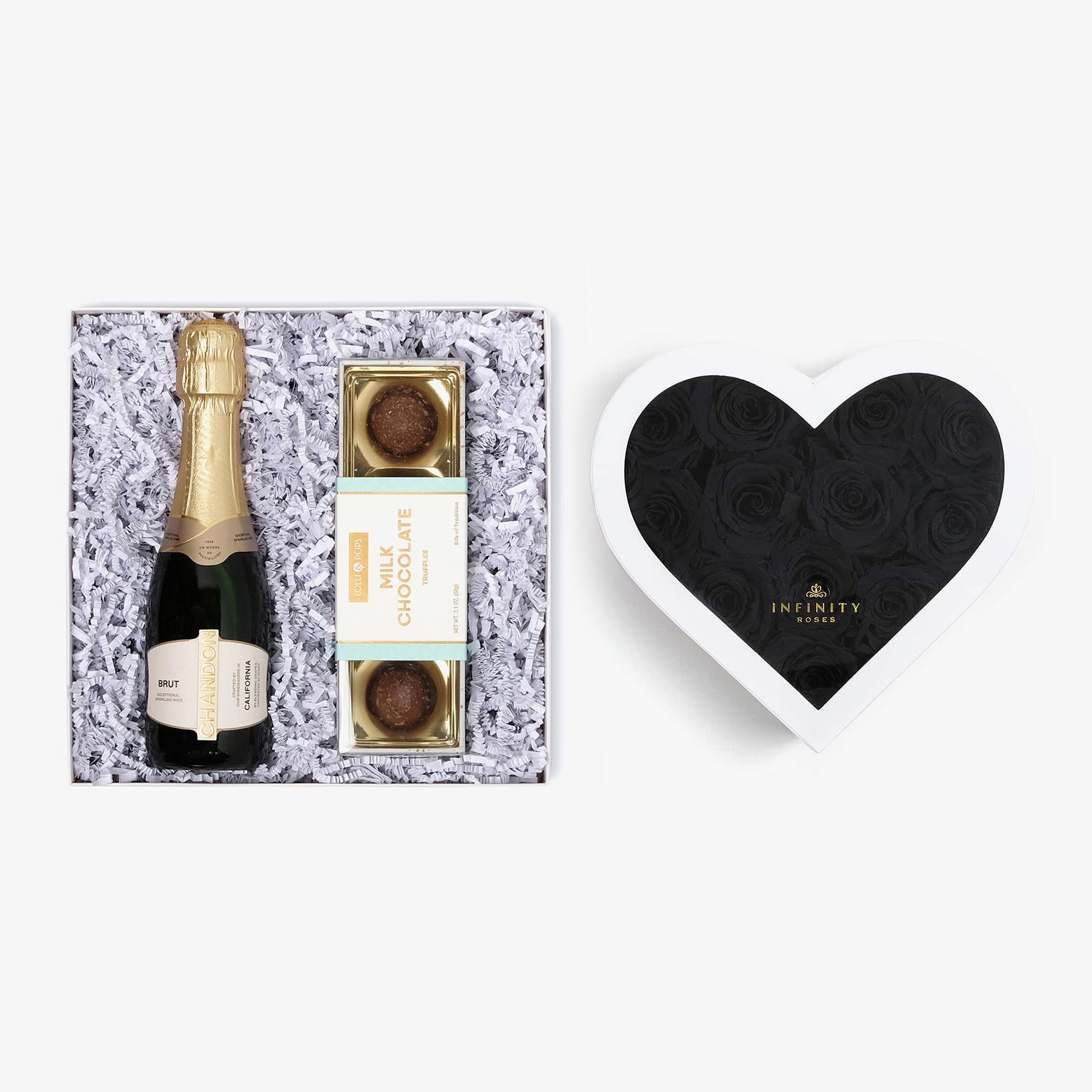 Champagne & Truffles - Medium Heart Box - Black Rose - White Box