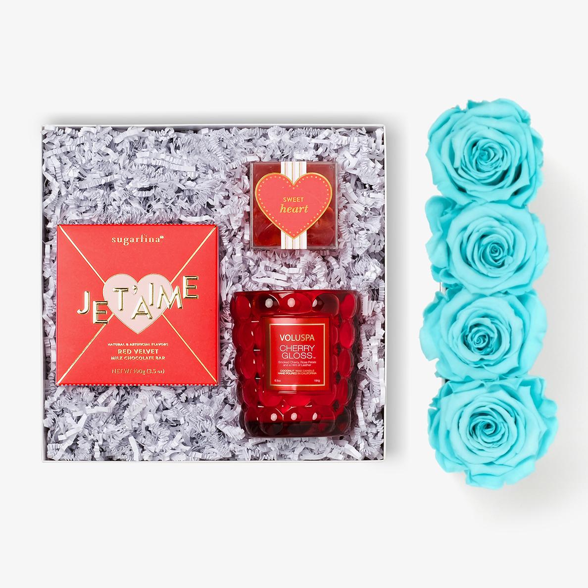 Candle & Treats - Small Rose Box - Turquoise Rose - Black Box