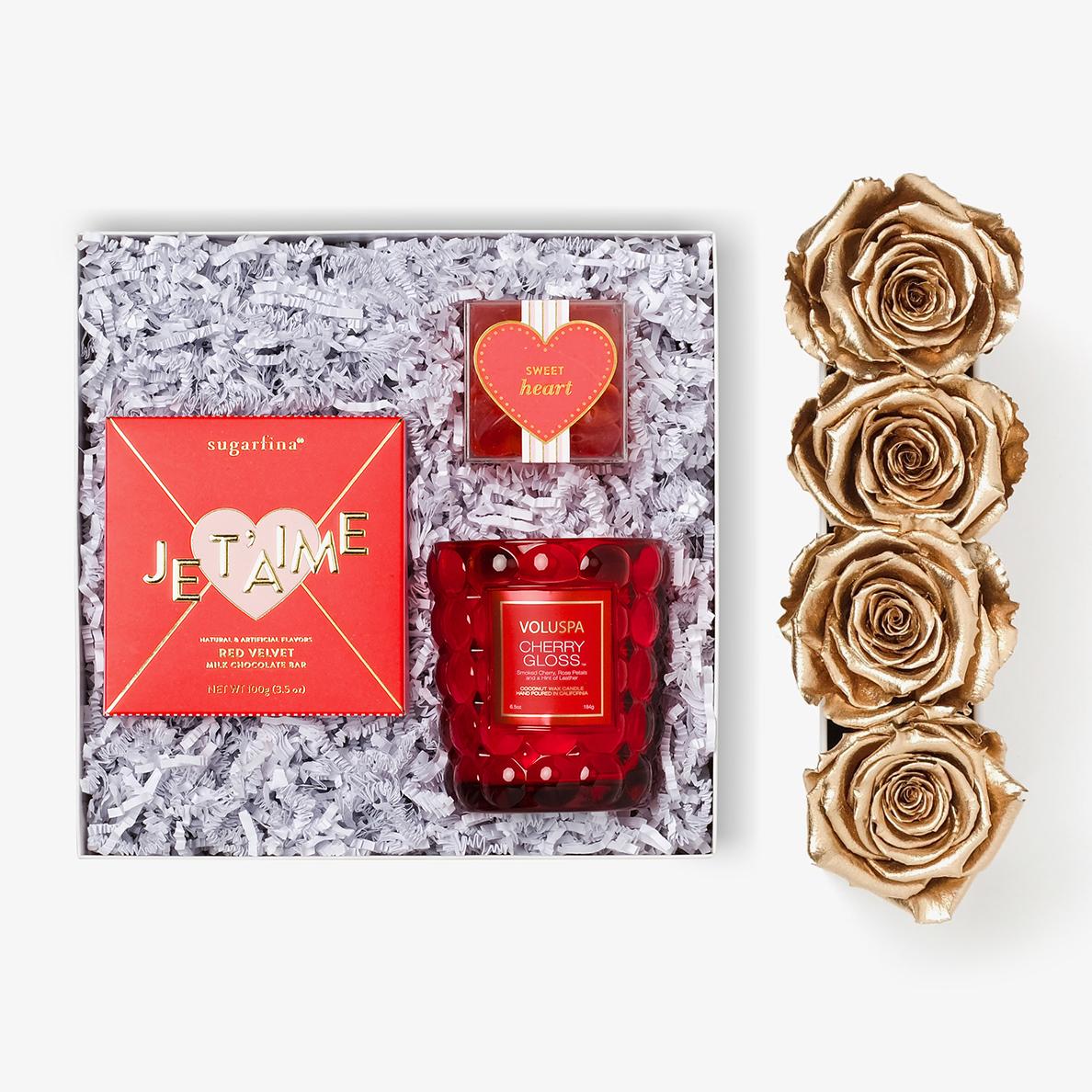 Candle & Treats - Small Rose Box - Gold Rose - Black Box