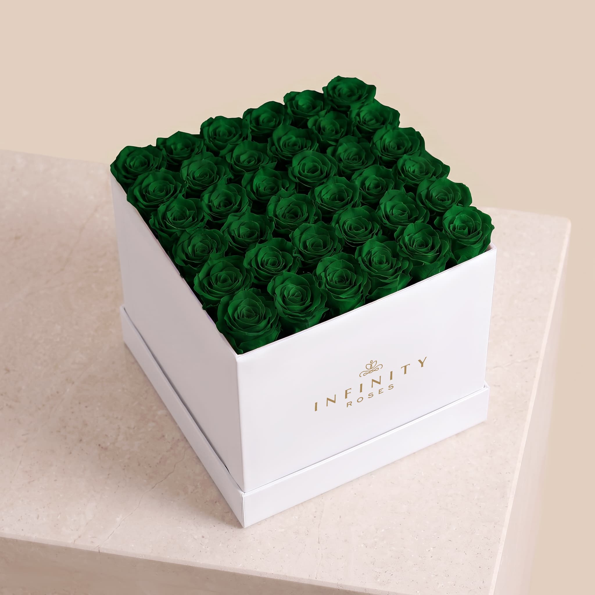 Grand Square Rose Box - Emerald Green Rose - White Box
