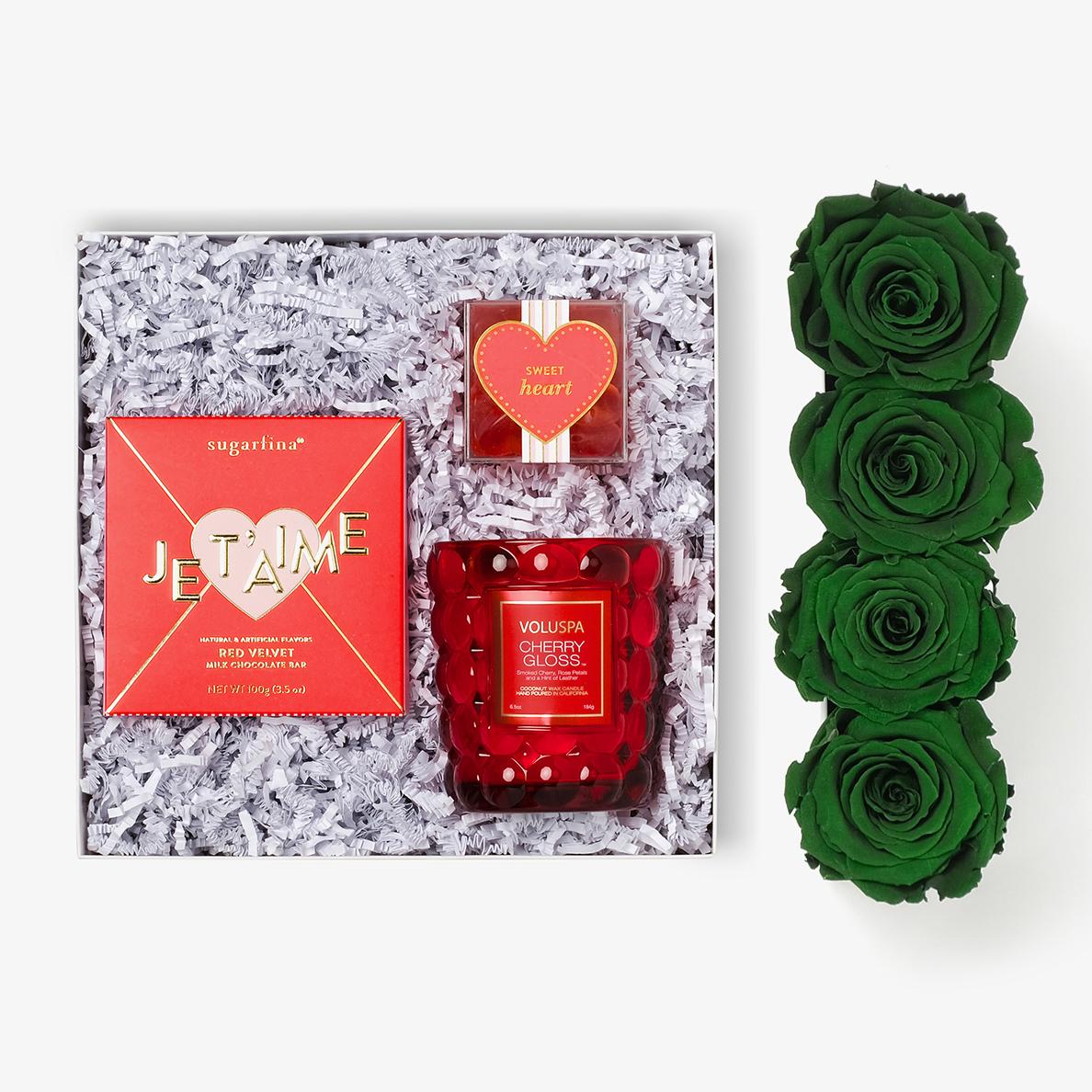 Candle & Treats - Small Rose Box - Emerald Green Rose - Black Box