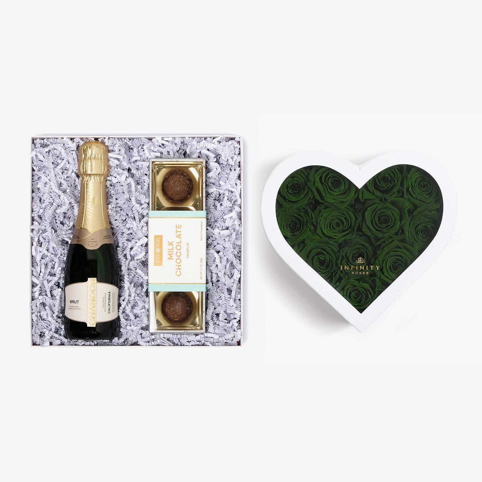 Champagne & Truffles - Medium Heart Box - Emerald Green Rose - White Box