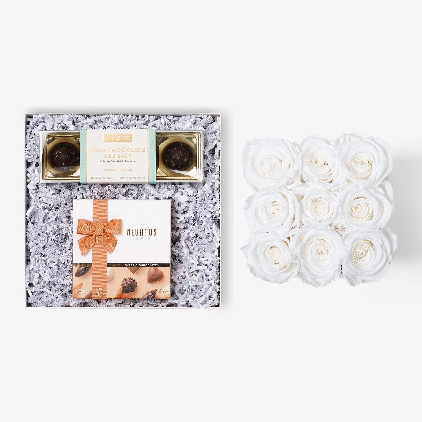 Chocolate Duo Luxe - Medium Square Box - White Rose - Black Box