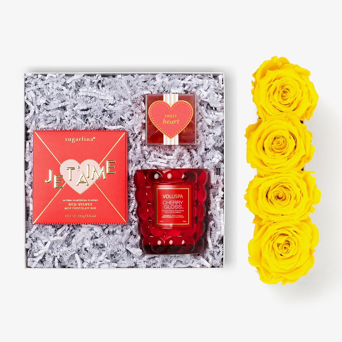 Candle & Treats - Small Rose Box - Yellow Rose - Black Box