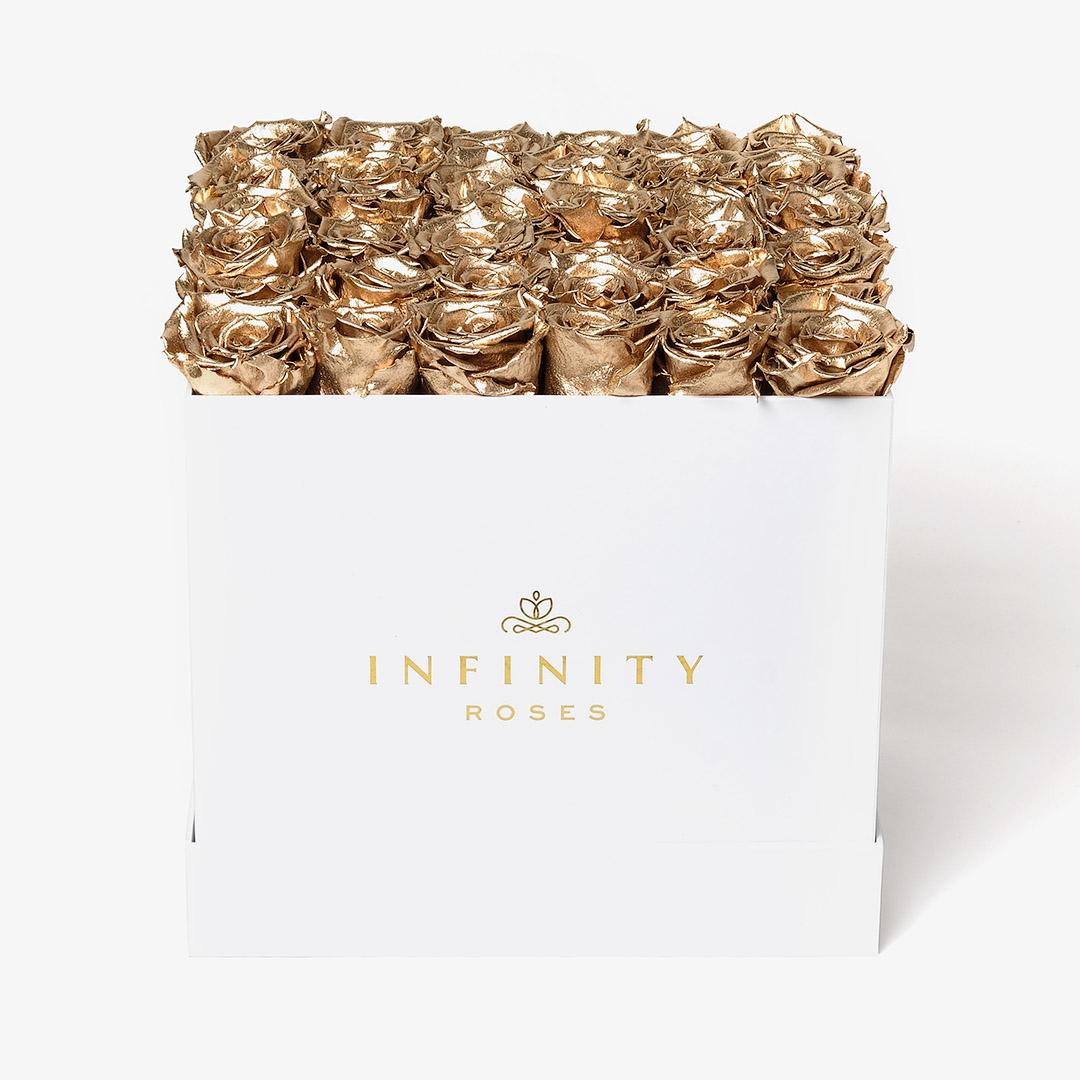 Grand Square Rose Box - Gold Rose - White Box