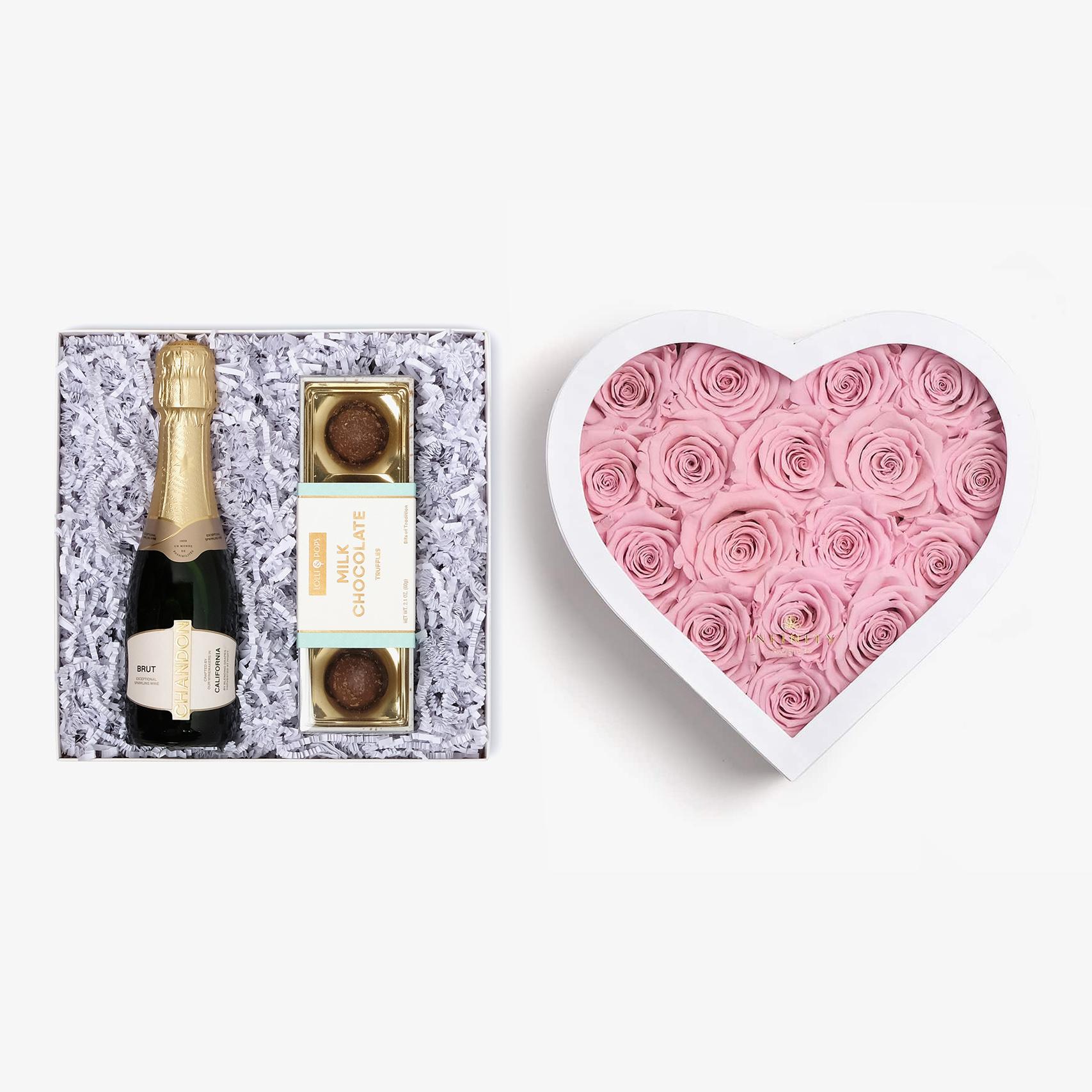 Champagne & Truffles - Large Heart Box - Pink Rose - White Box