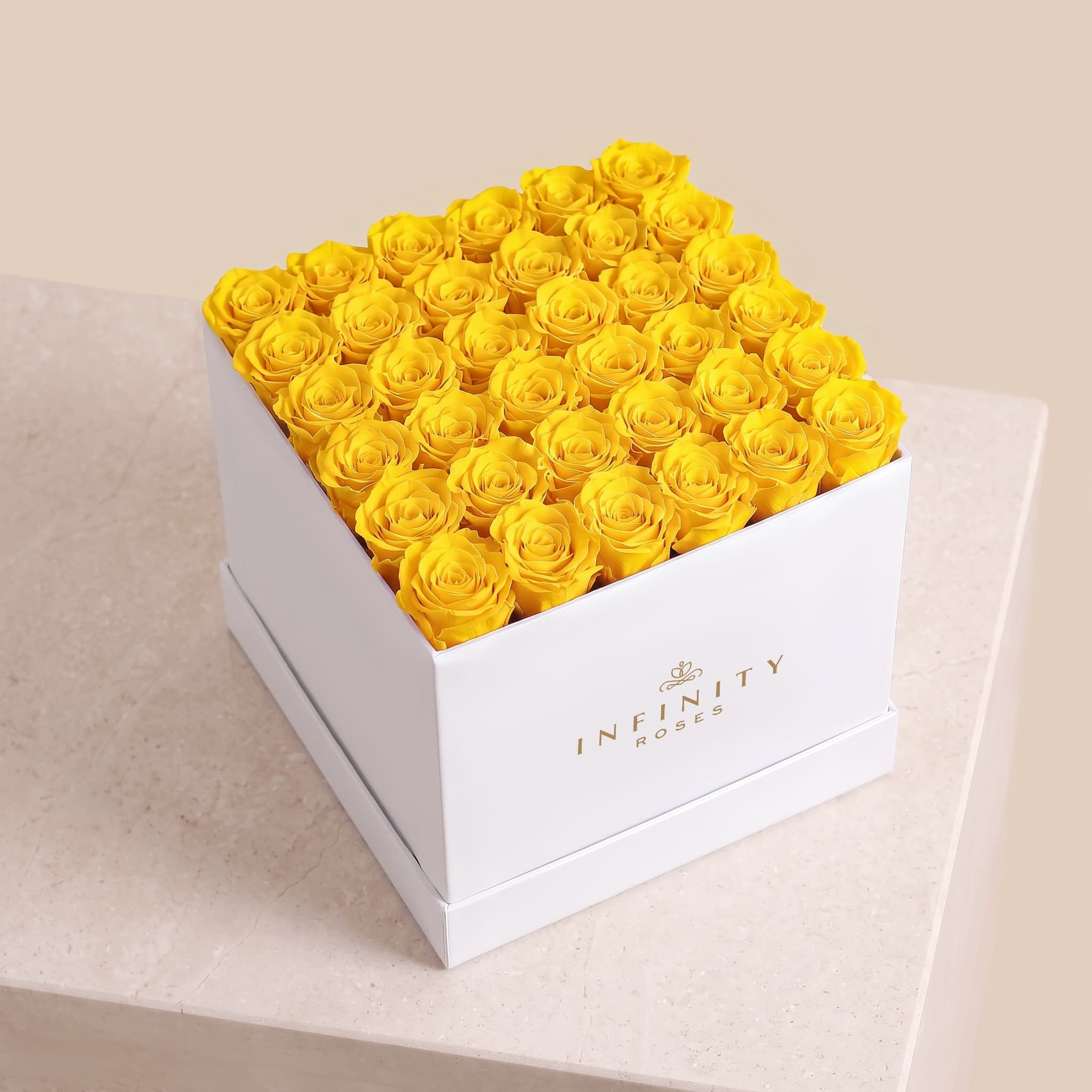 Grand Square Rose Box - Yellow Rose - White Box