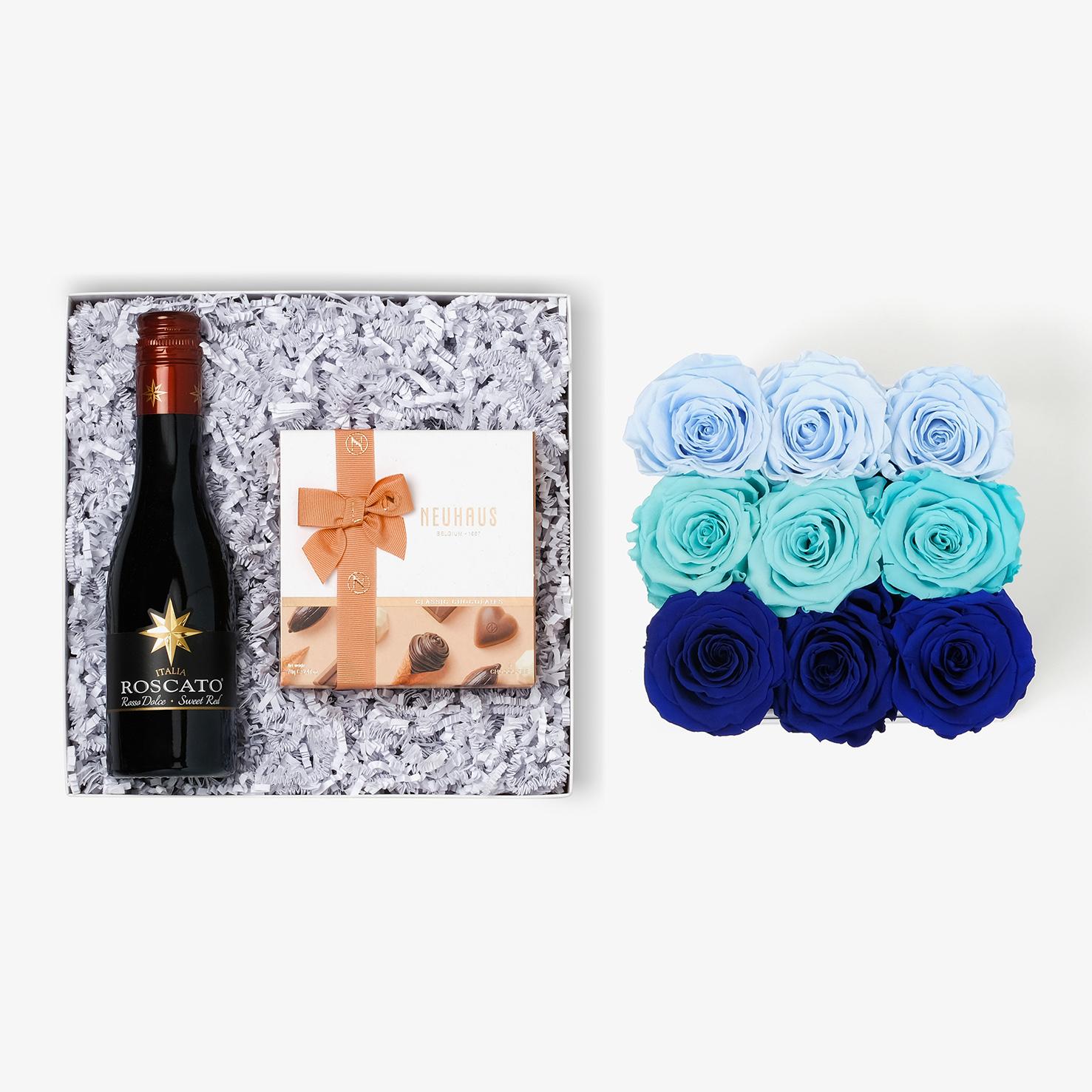 Wine & Truffles - Medium Square Box - Blue Ombre Rose - Black Box