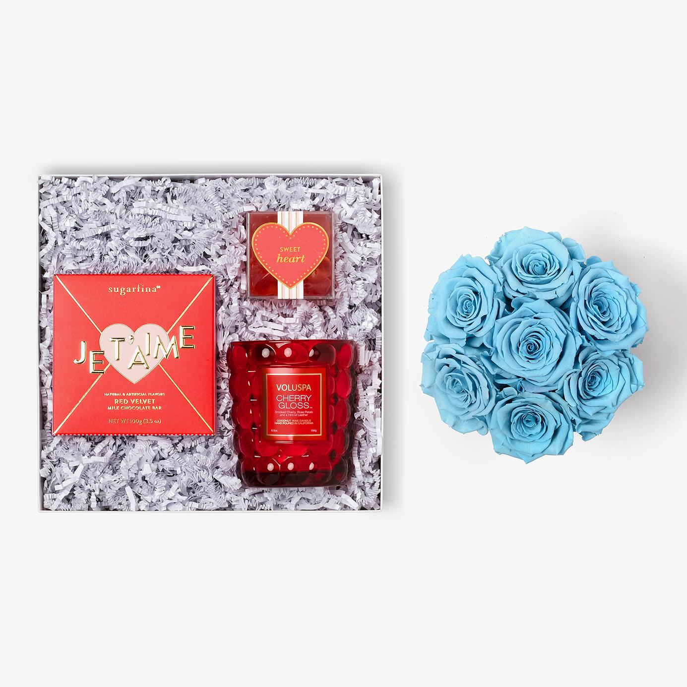 Candle & Treats - Medium Bloom Box - Baby Blue Rose - Black Box