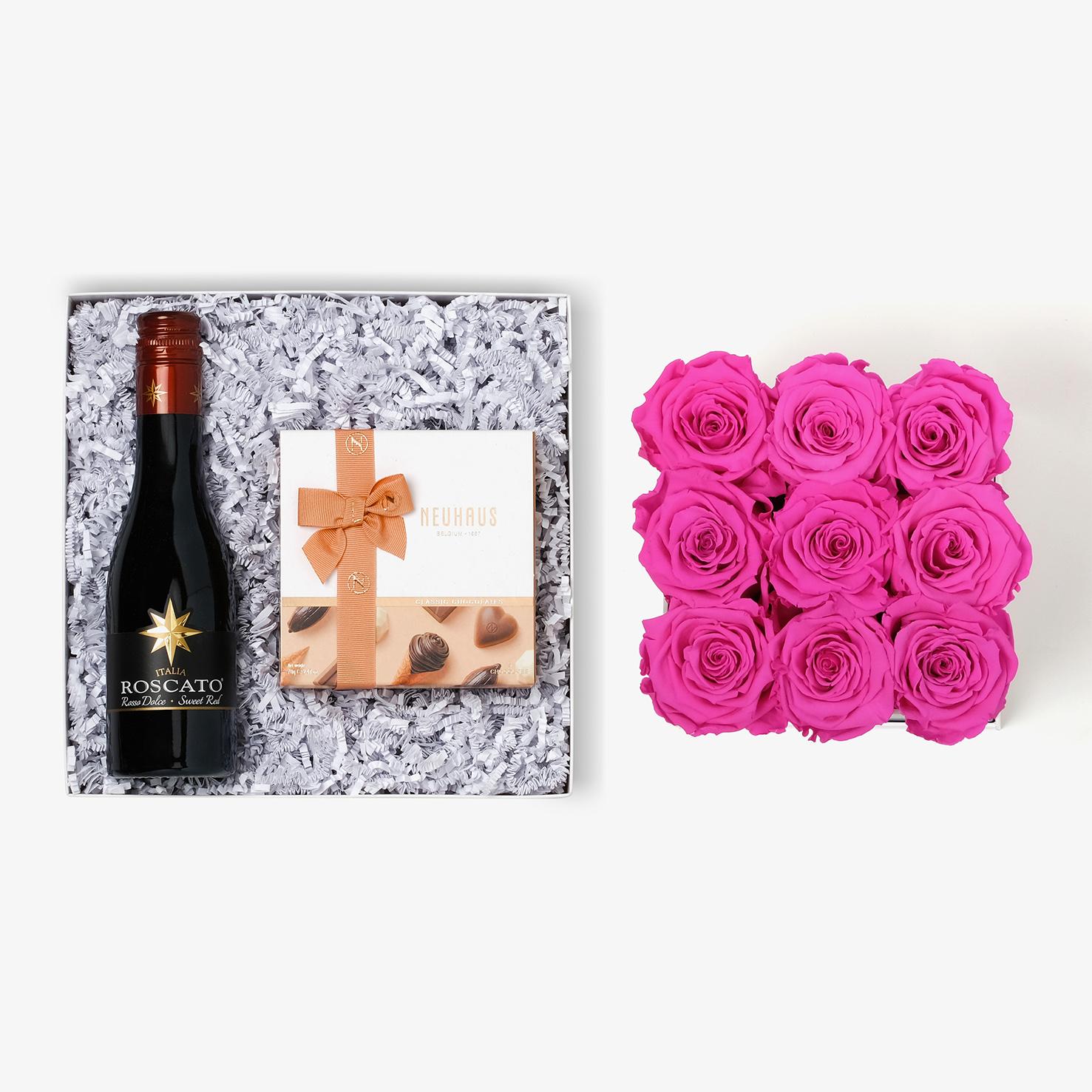 Wine & Truffles - Medium Square Box - Hot Pink Rose - Black Box