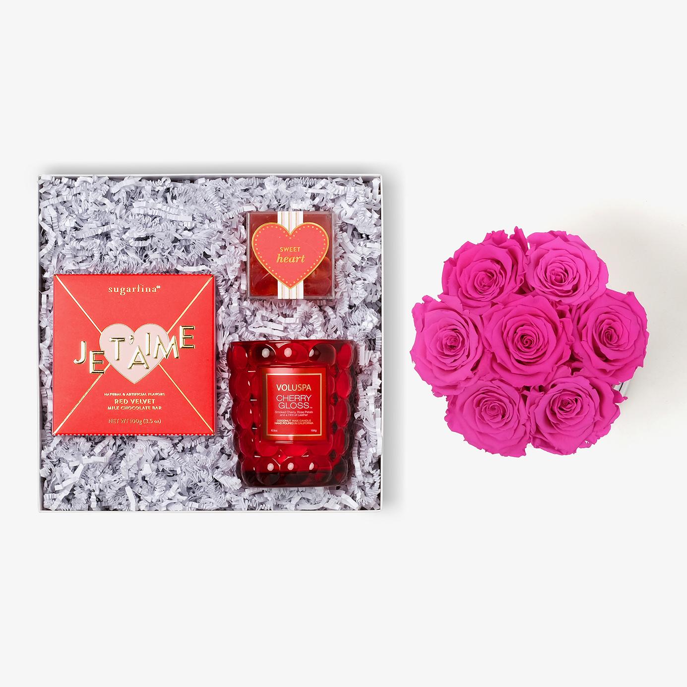 Candle & Treats - Medium Bloom Box - Hot Pink Rose - Black Box