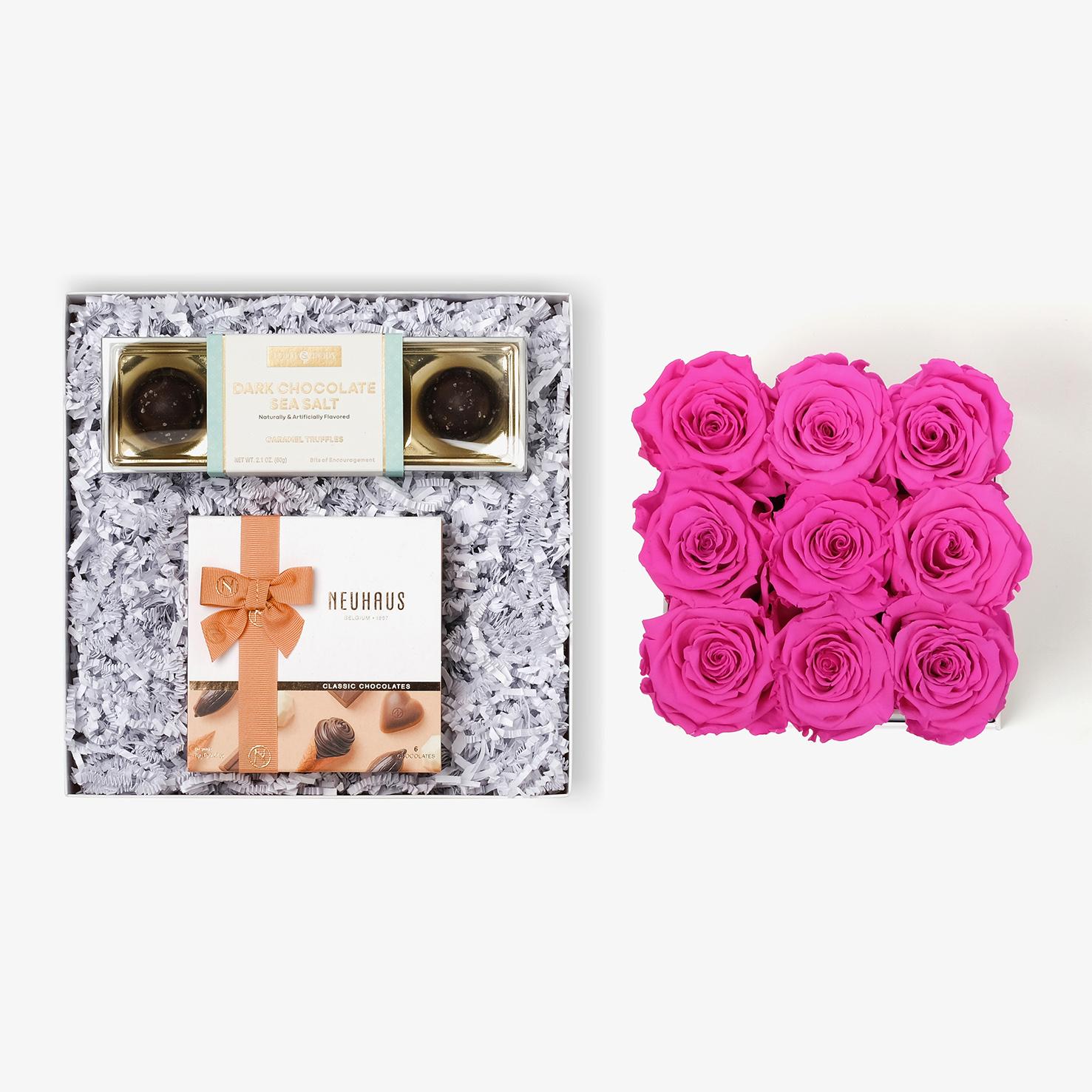 Chocolate Duo Luxe - Medium Square Box - Hot Pink Rose - White Box