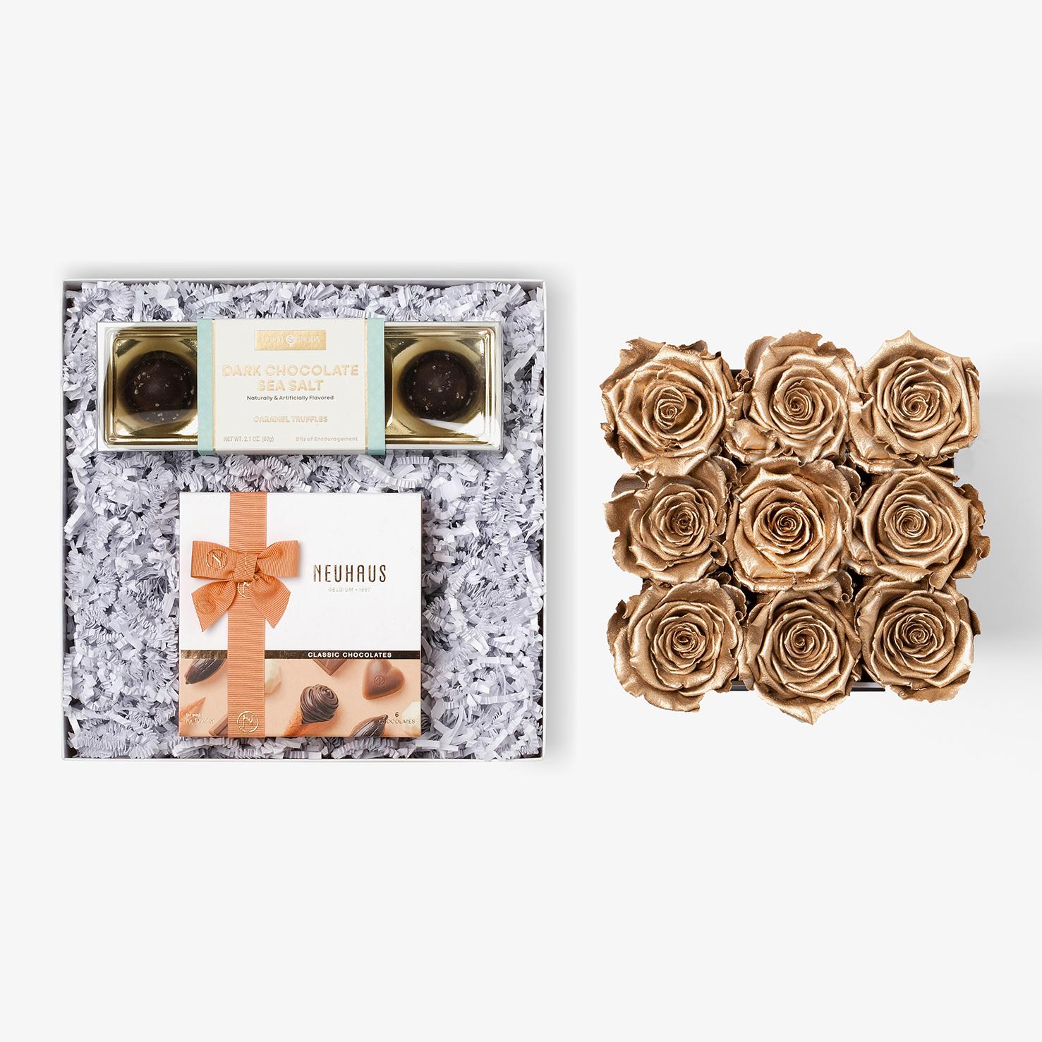 Chocolate Duo Luxe - Medium Square Box - Gold Rose - White Box