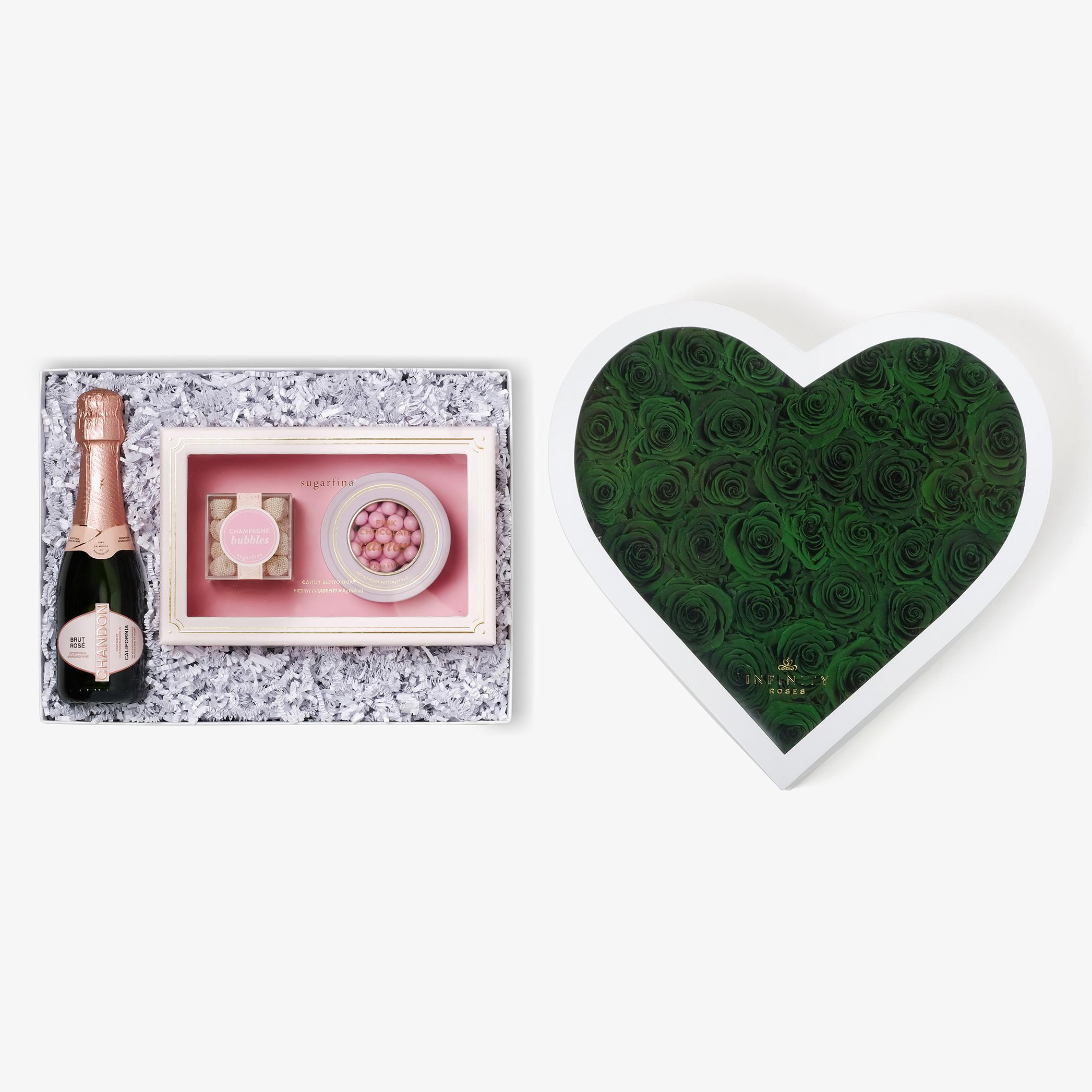 Rosé & Caviar - Grand Heart Box - Emerald Green Rose - White Box