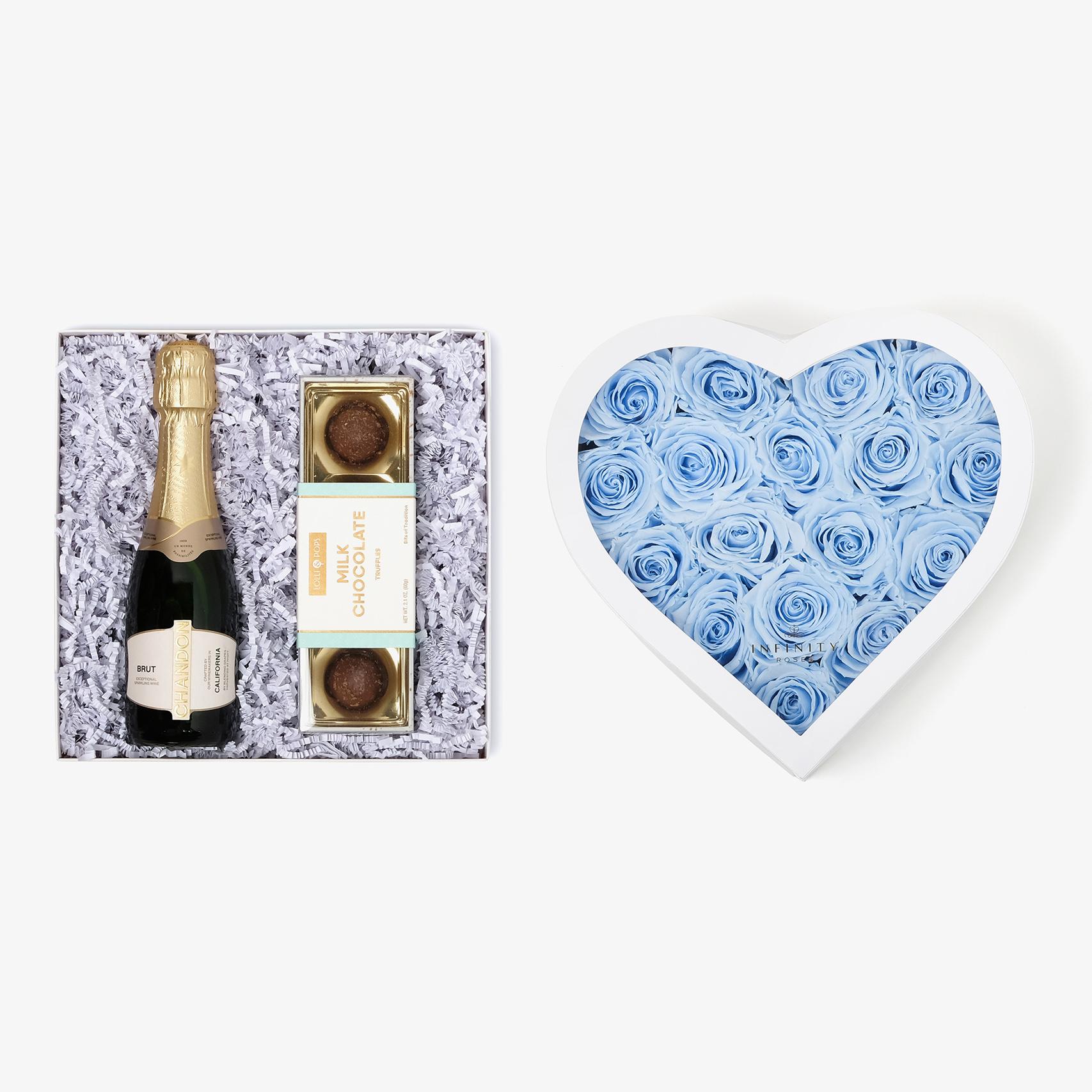 Champagne & Truffles - Large Heart Box - Baby Blue Rose - White Box