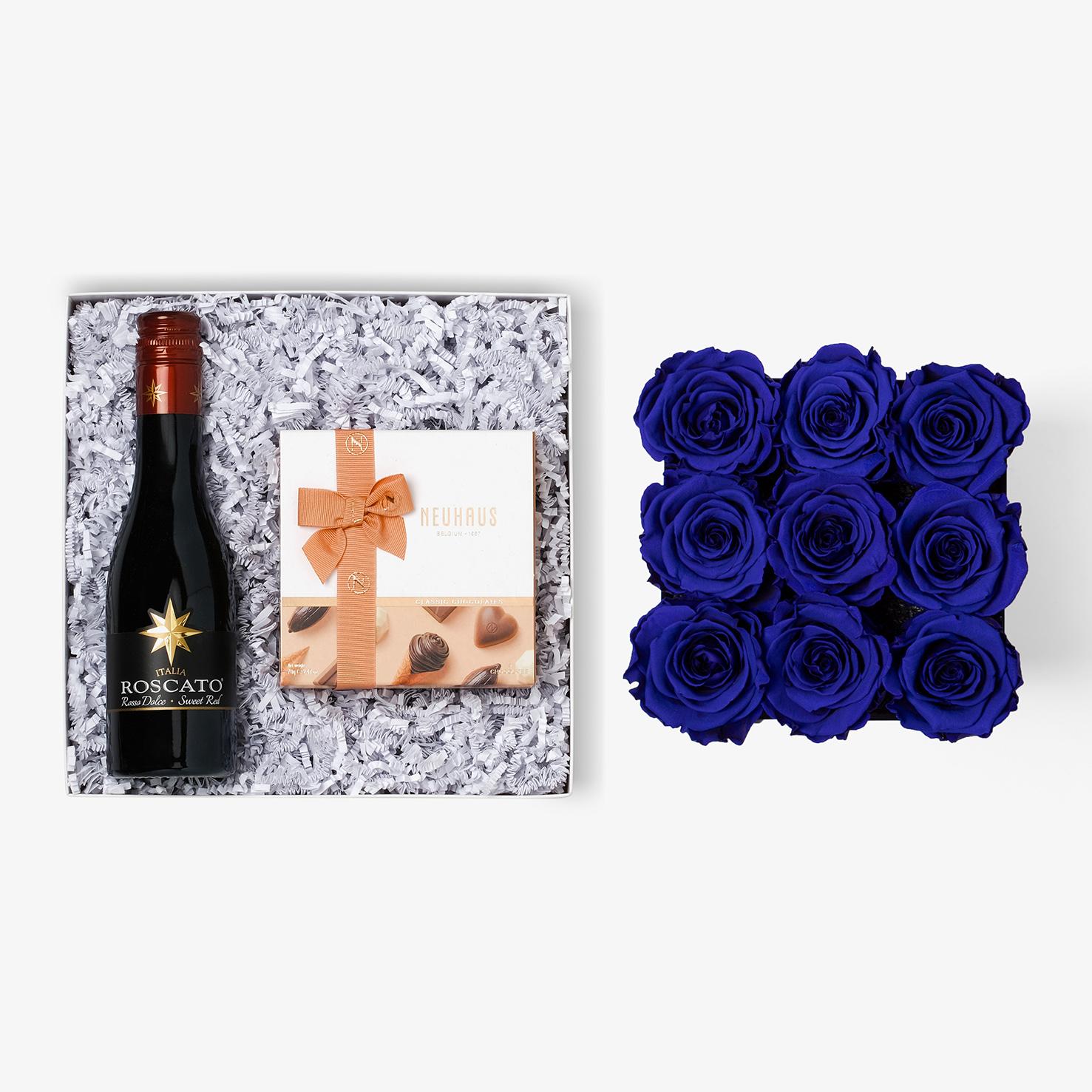 Wine & Truffles - Medium Square Box - Royal Blue Rose - Black Box