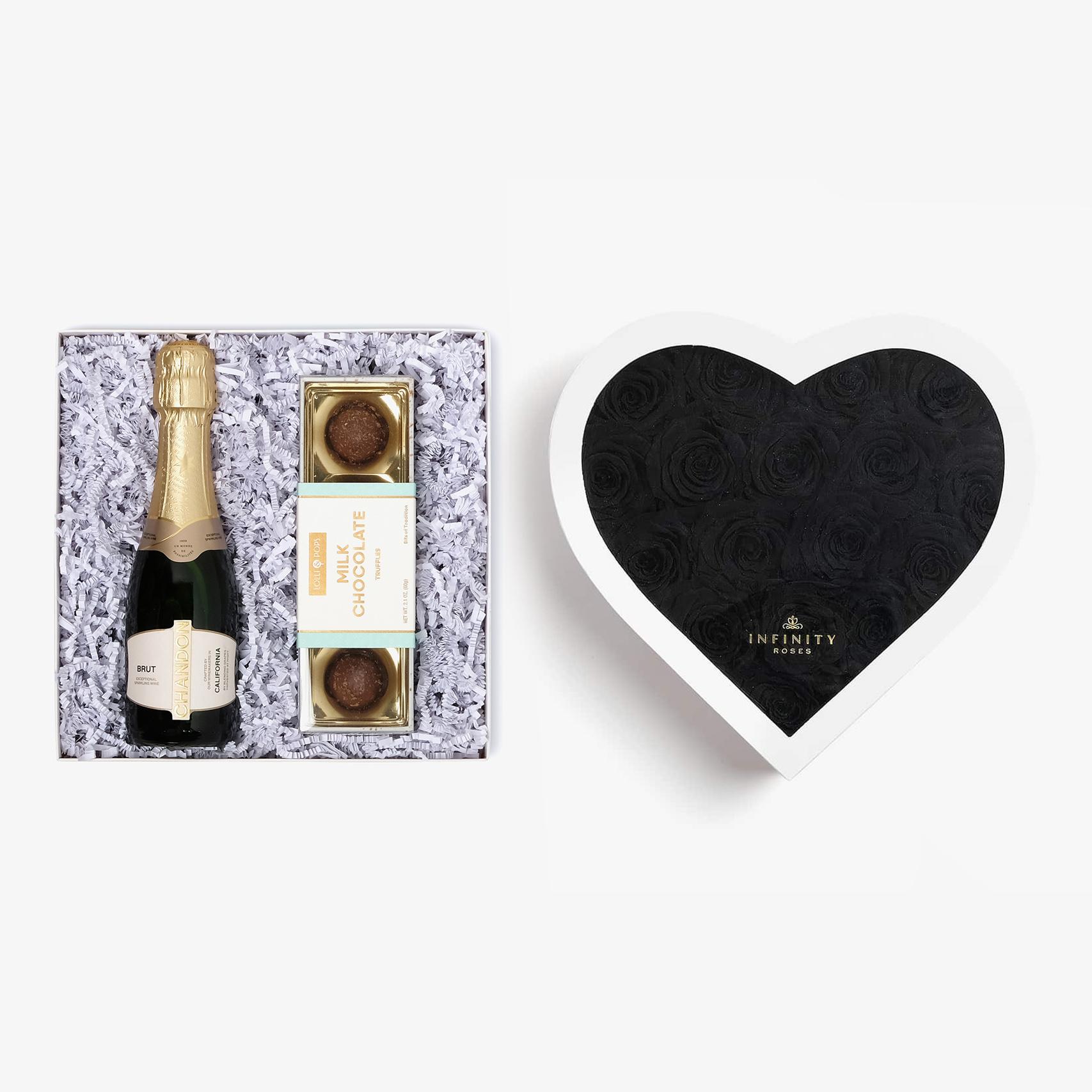 Champagne & Truffles - Large Heart Box - Black Rose - White Box