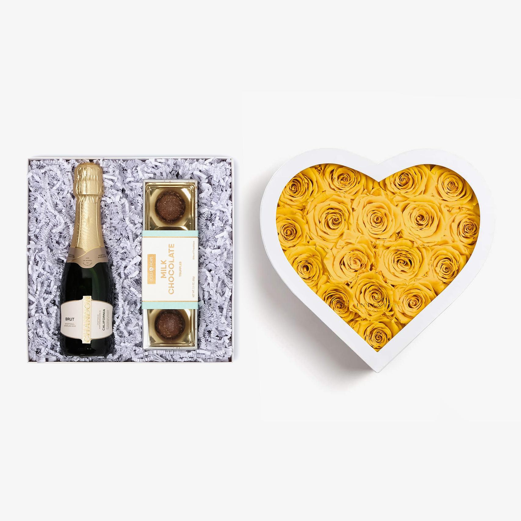 Champagne & Truffles - Large Heart Box - Yellow Rose - White Box