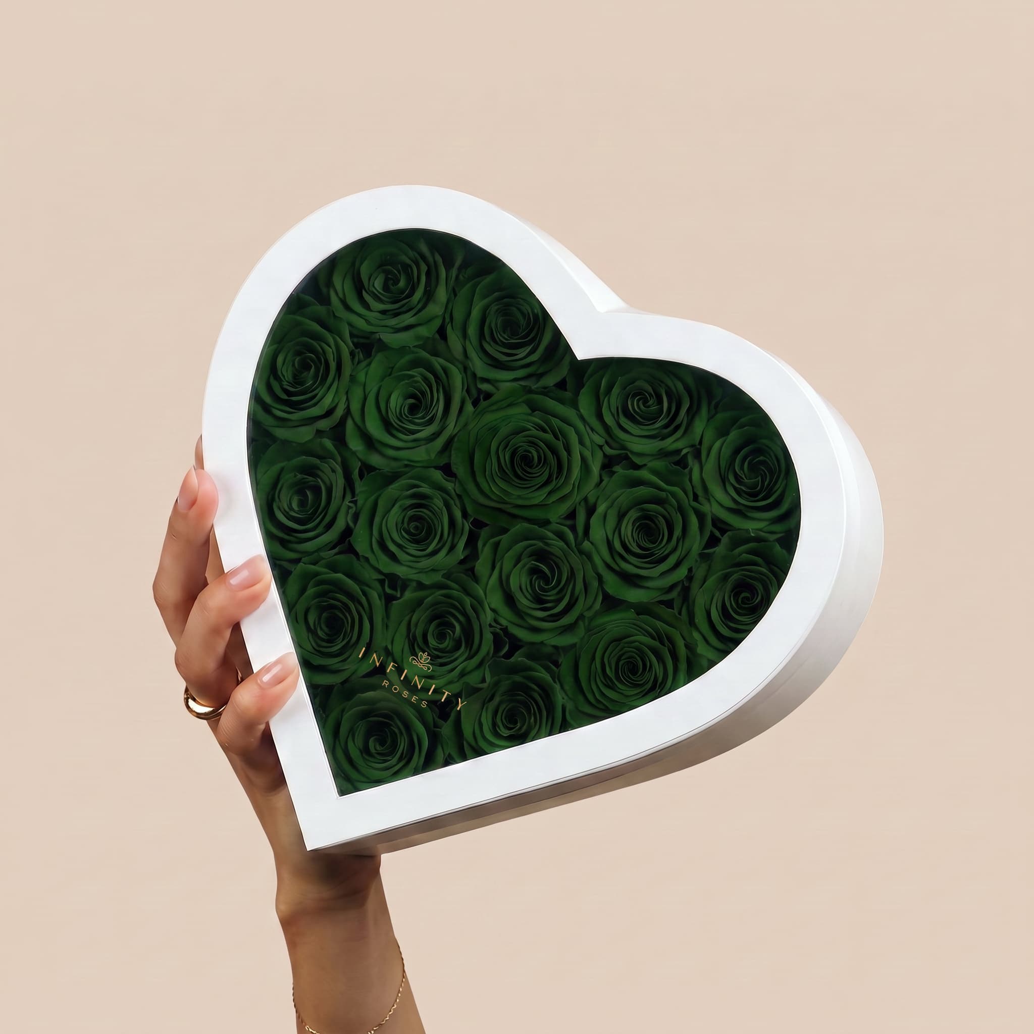 Large Heart Box - Emerald Green Rose - White Box