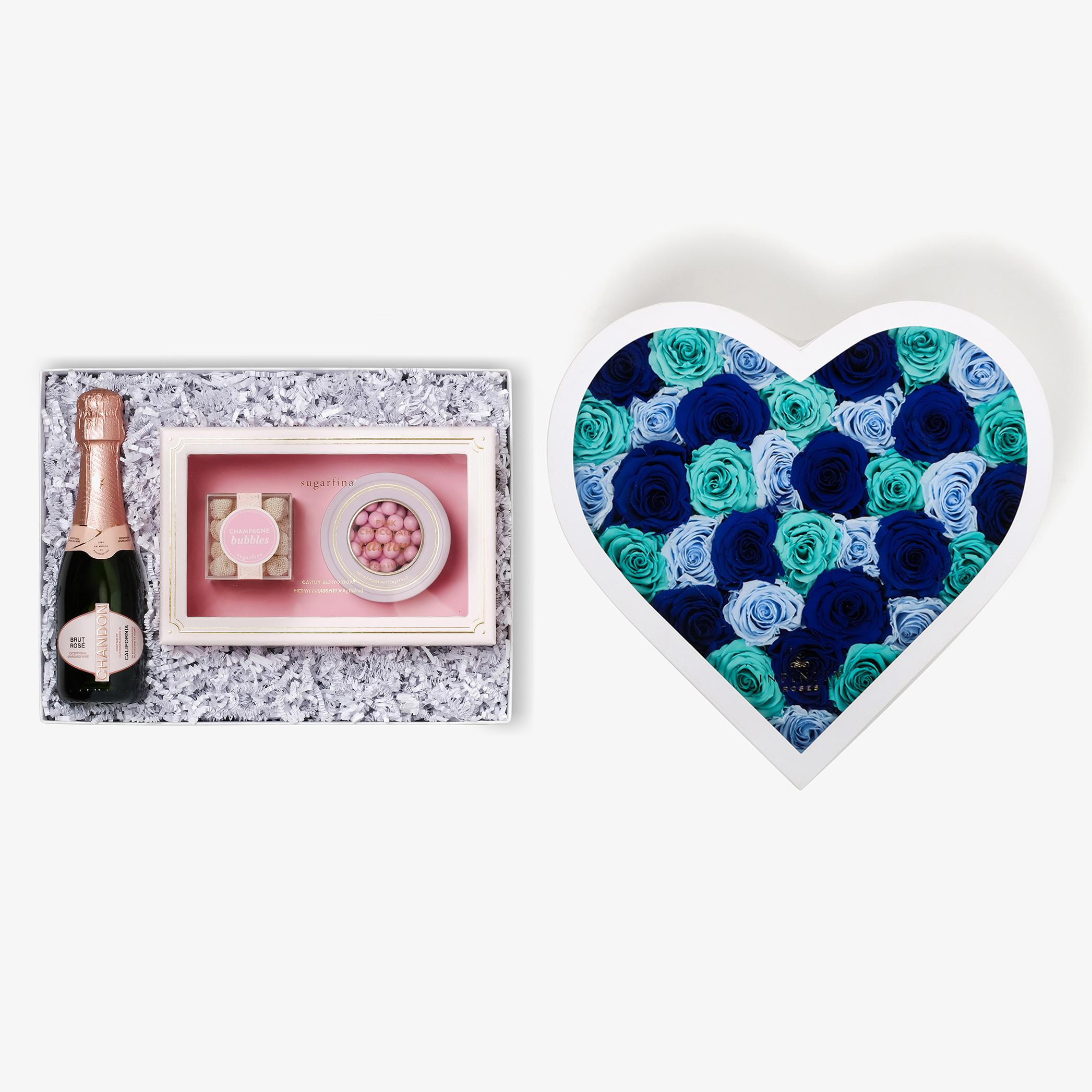 Rosé & Caviar - Grand Heart Box - Blue Ombre Rose - White Box
