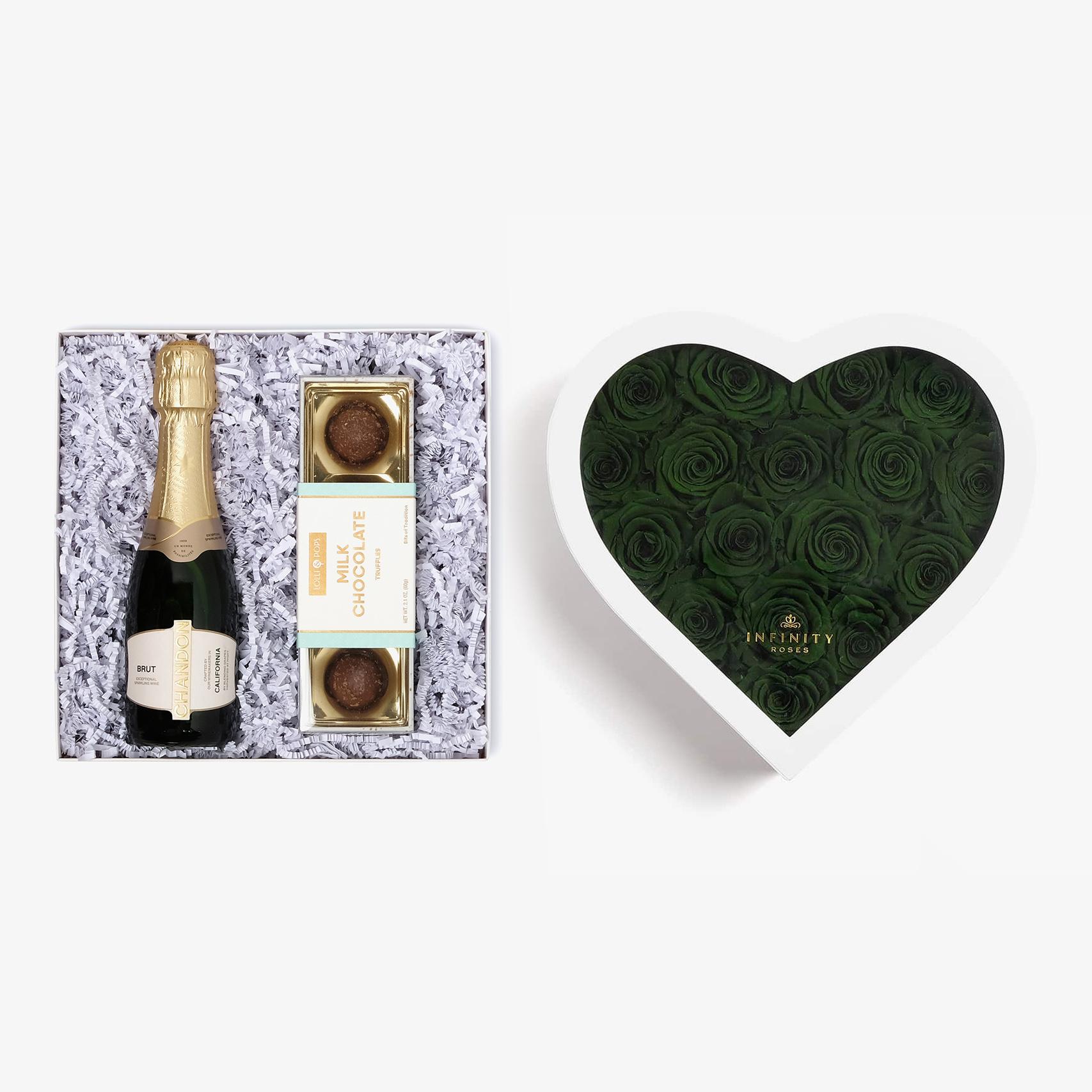 Champagne & Truffles - Large Heart Box - Emerald Green Rose - White Box