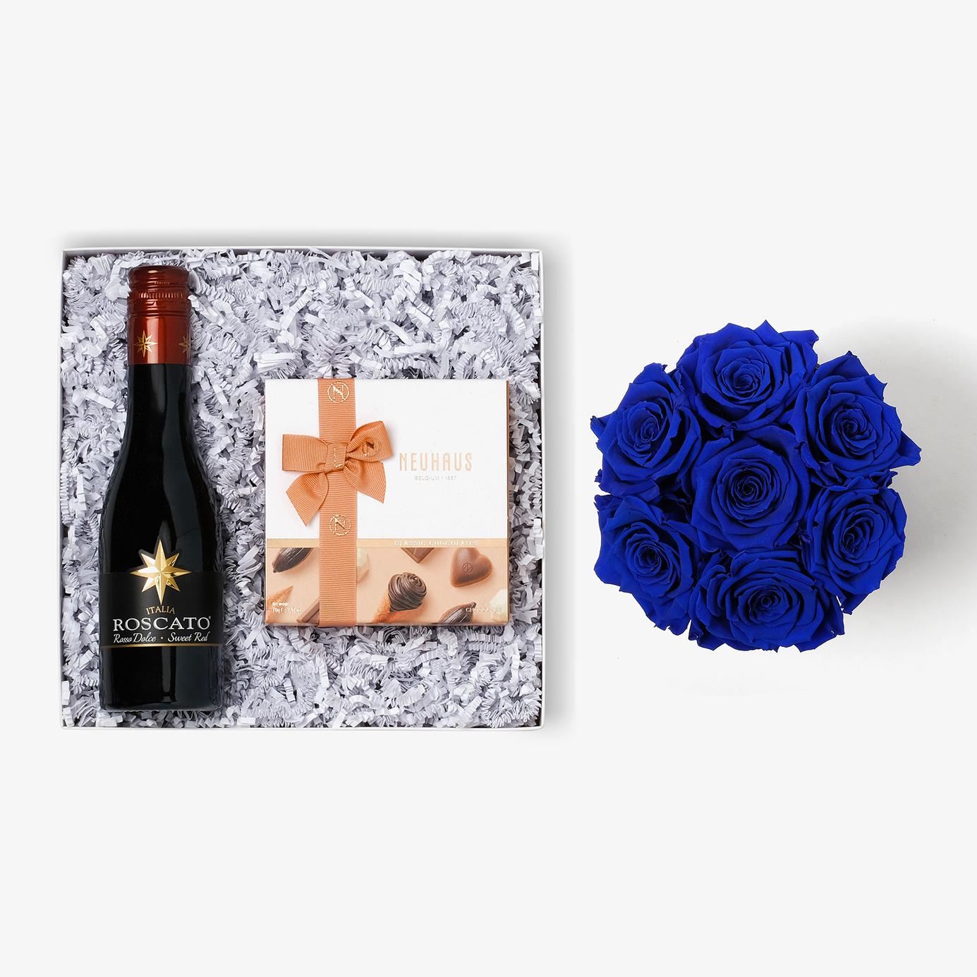 Wine & Truffles - Medium Bloom Box - Royal Blue Rose - White Box