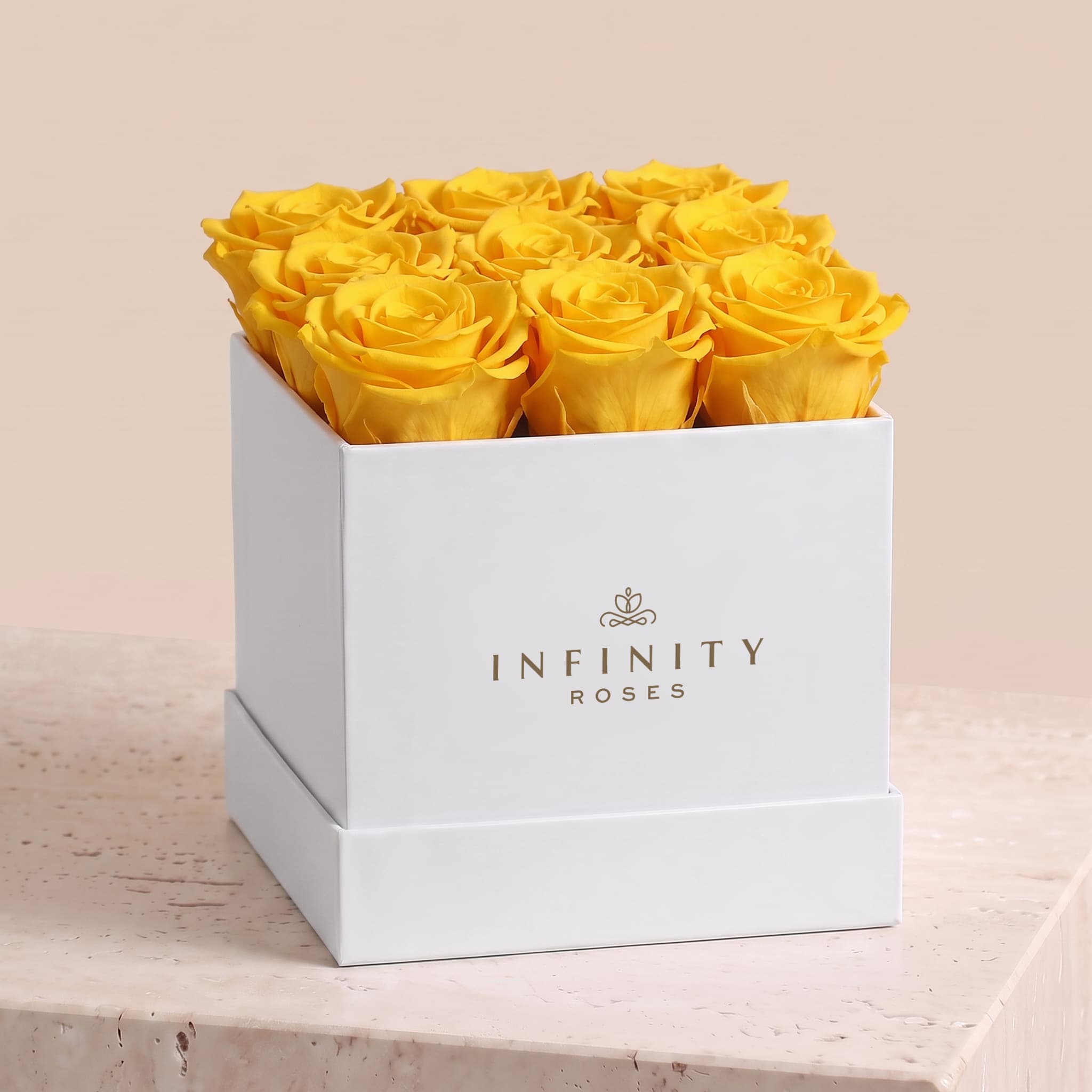 Medium Square Rose Box - Yellow Rose - White Box
