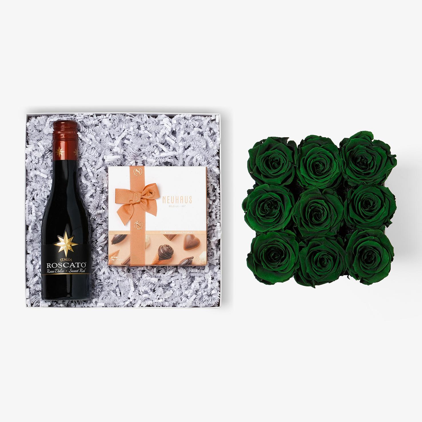 Wine & Truffles - Medium Square Box - Emerald Green Rose - Black Box