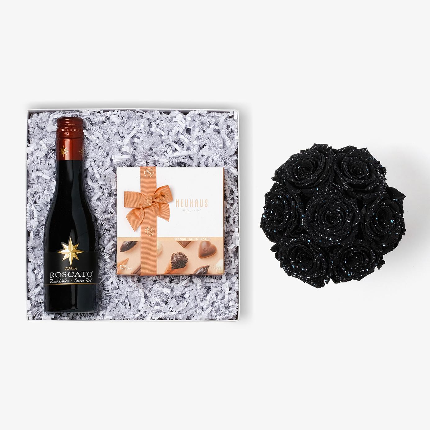Wine & Truffles - Medium Bloom Box - Black Galaxy Rose - White Box
