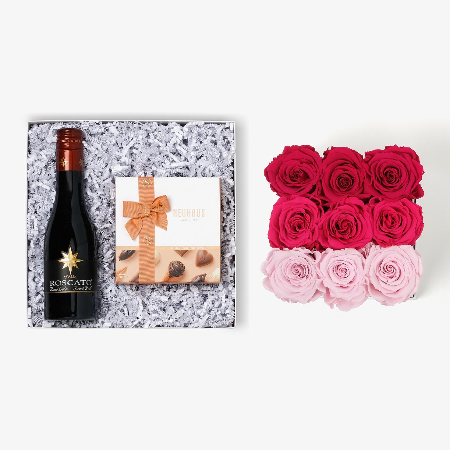 Wine & Truffles - Medium Square Box - Pink Ombre Rose - White Box