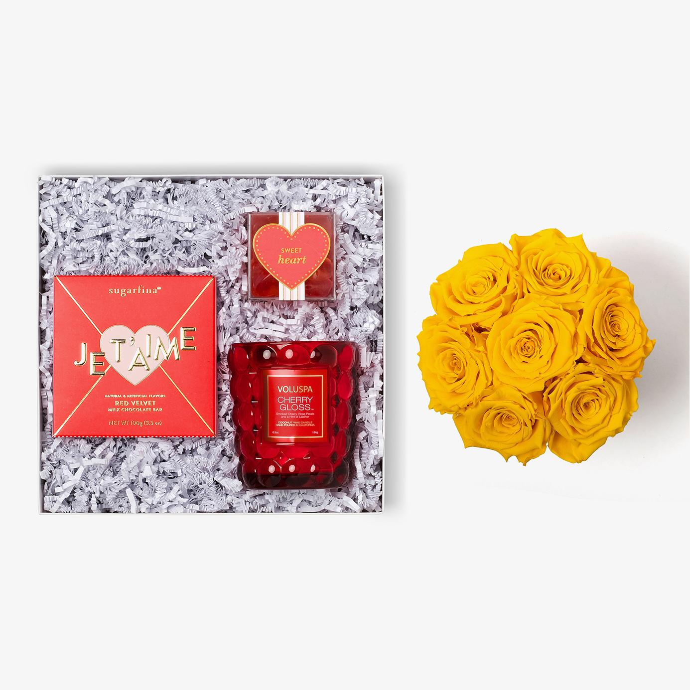 Candle & Treats - Medium Bloom Box - Yellow Rose - White Box