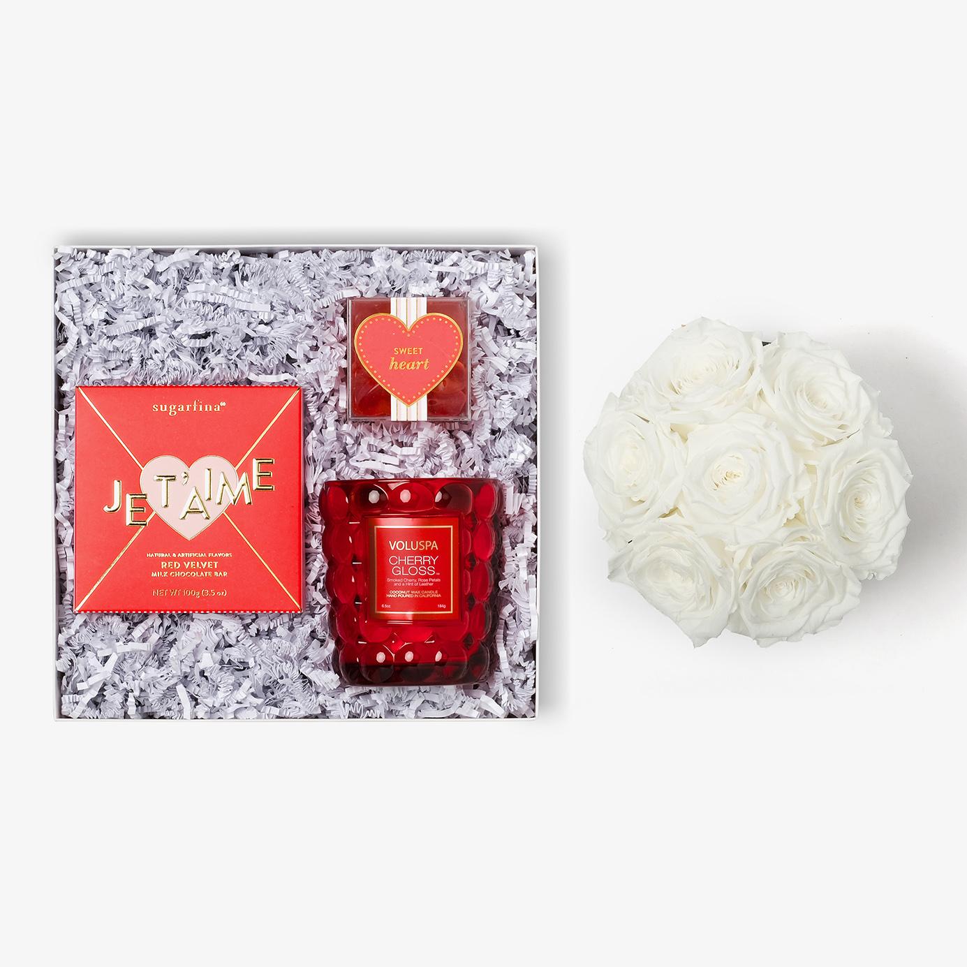 Candle & Treats - Medium Bloom Box - White Rose - White Box
