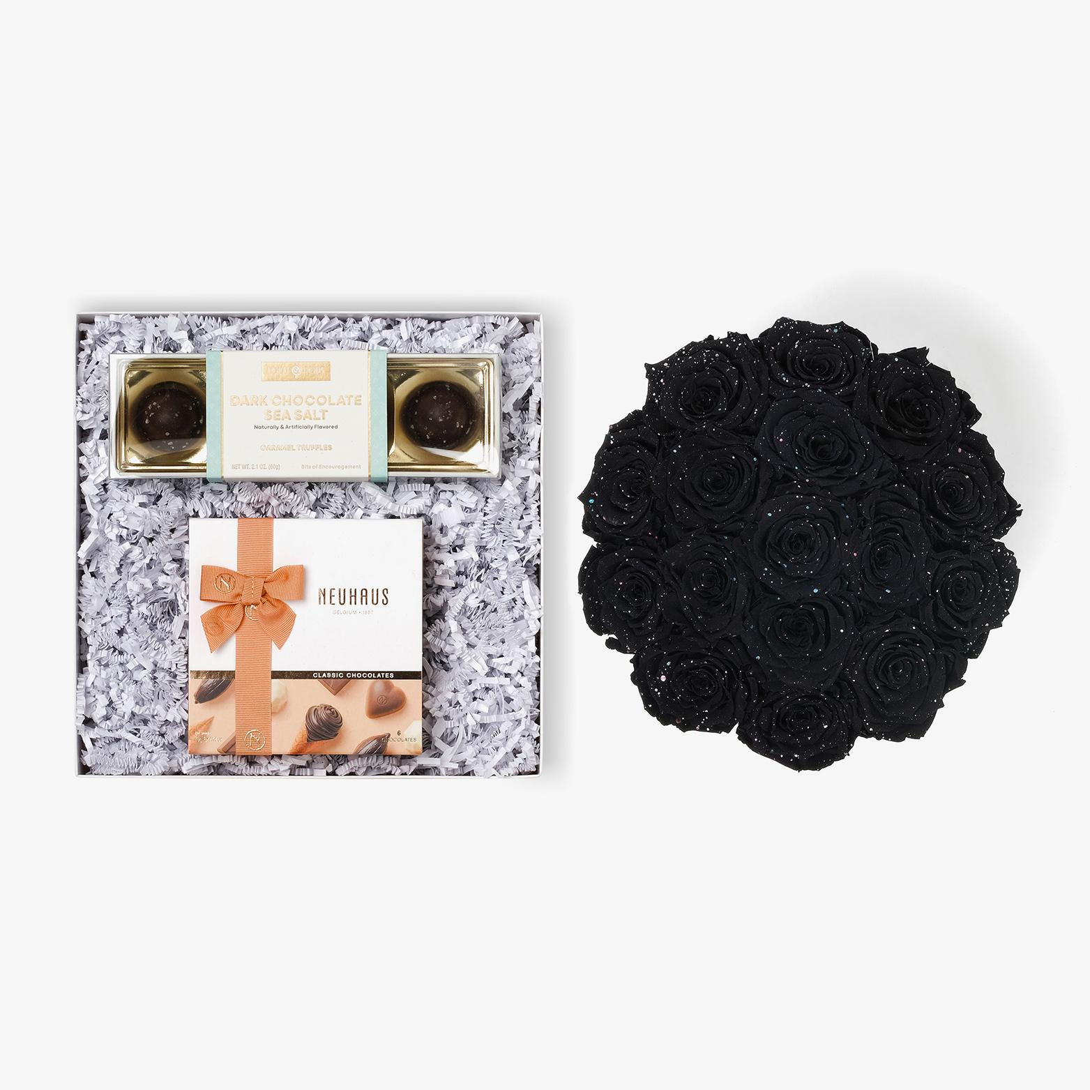 Chocolate Duo Luxe - Large Bloom Box - Black Galaxy Rose - White Box