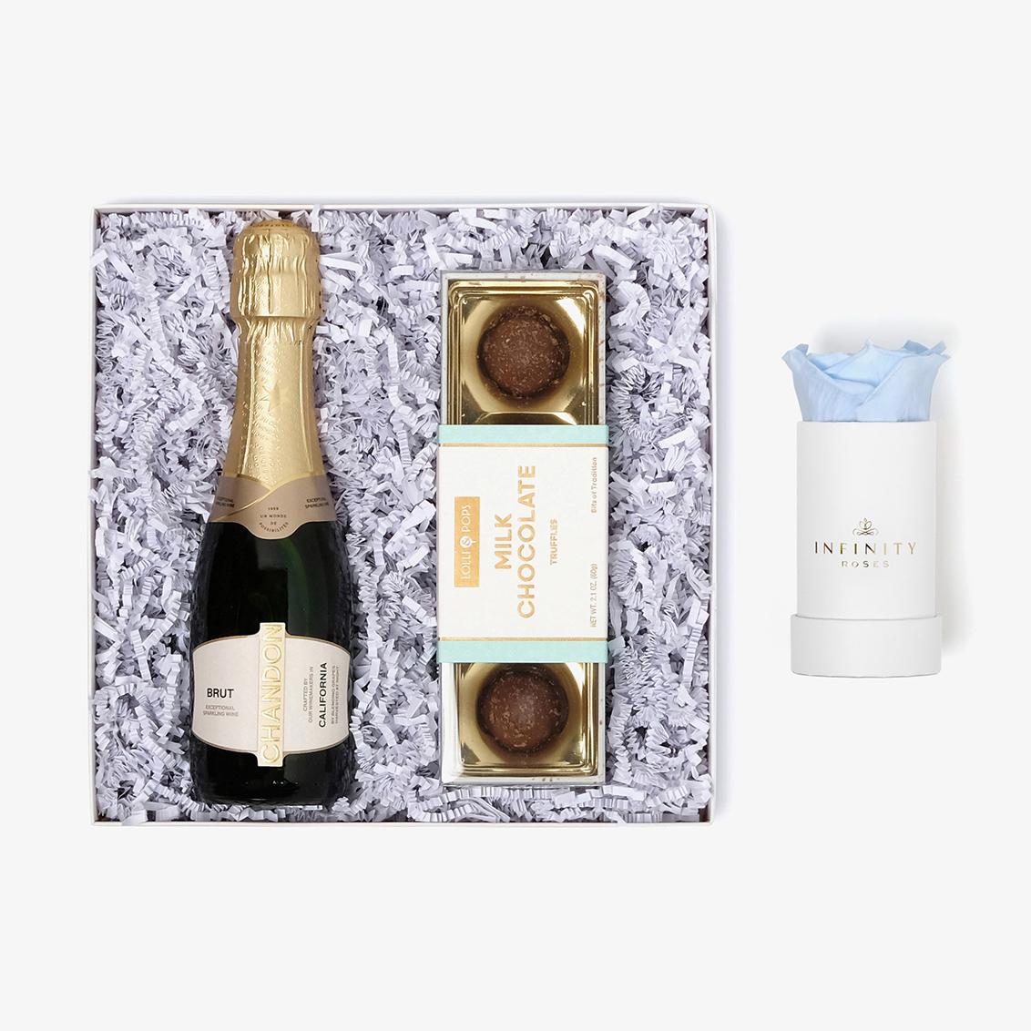 Champagne & Truffles - Single Rose Box - Baby Blue Rose - White Box