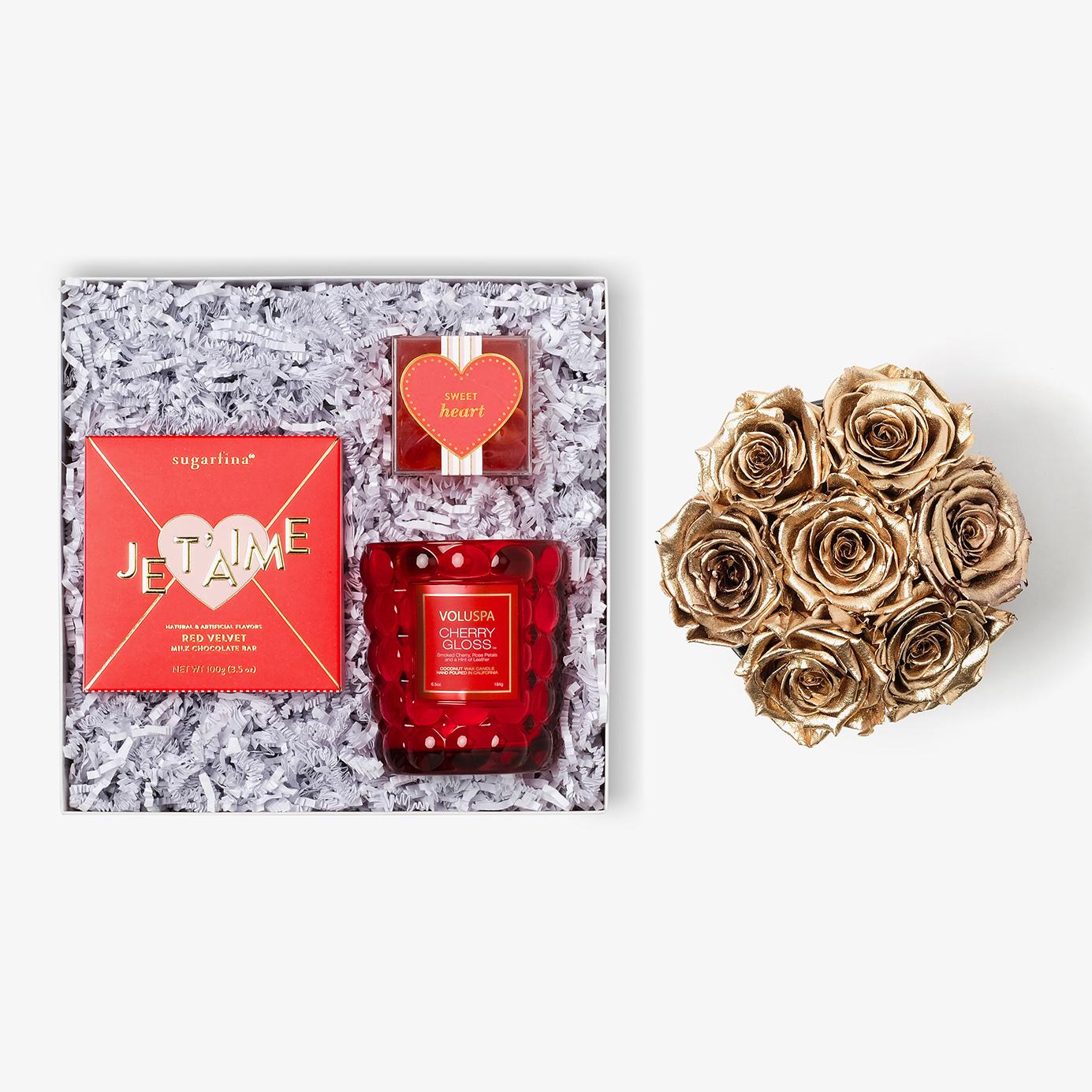 Candle & Treats - Medium Bloom Box - Gold Rose - Black Box